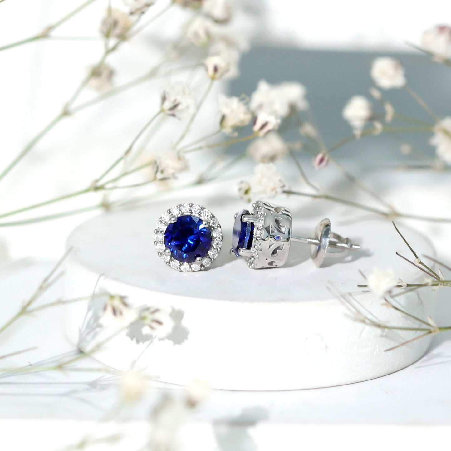 6 MM Round Cut Lab Grown Blue Sapphire Stud Earrings With Moissanite