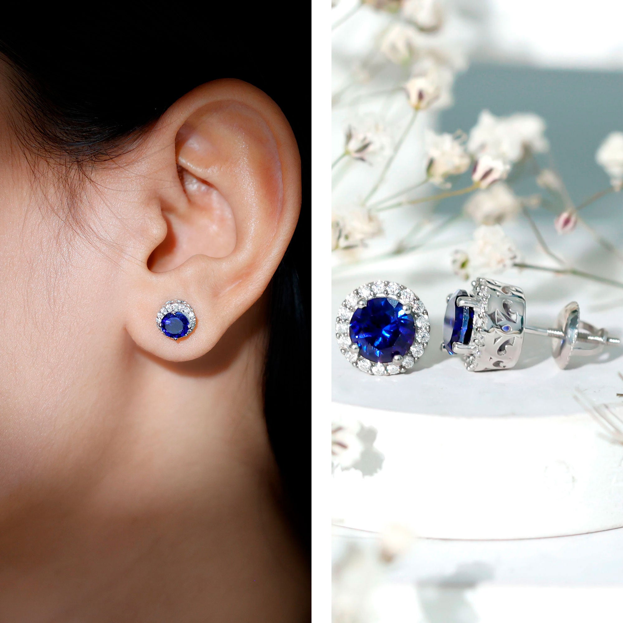 6 MM Round Cut Lab Grown Blue Sapphire Stud Earrings With Moissanite