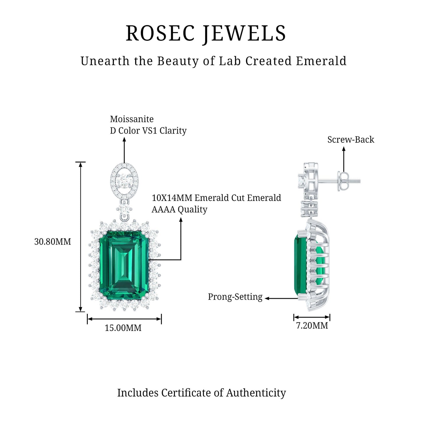 Certified 10X14 MM Lab Grown Emerald Art Deco Earrings in Silver
