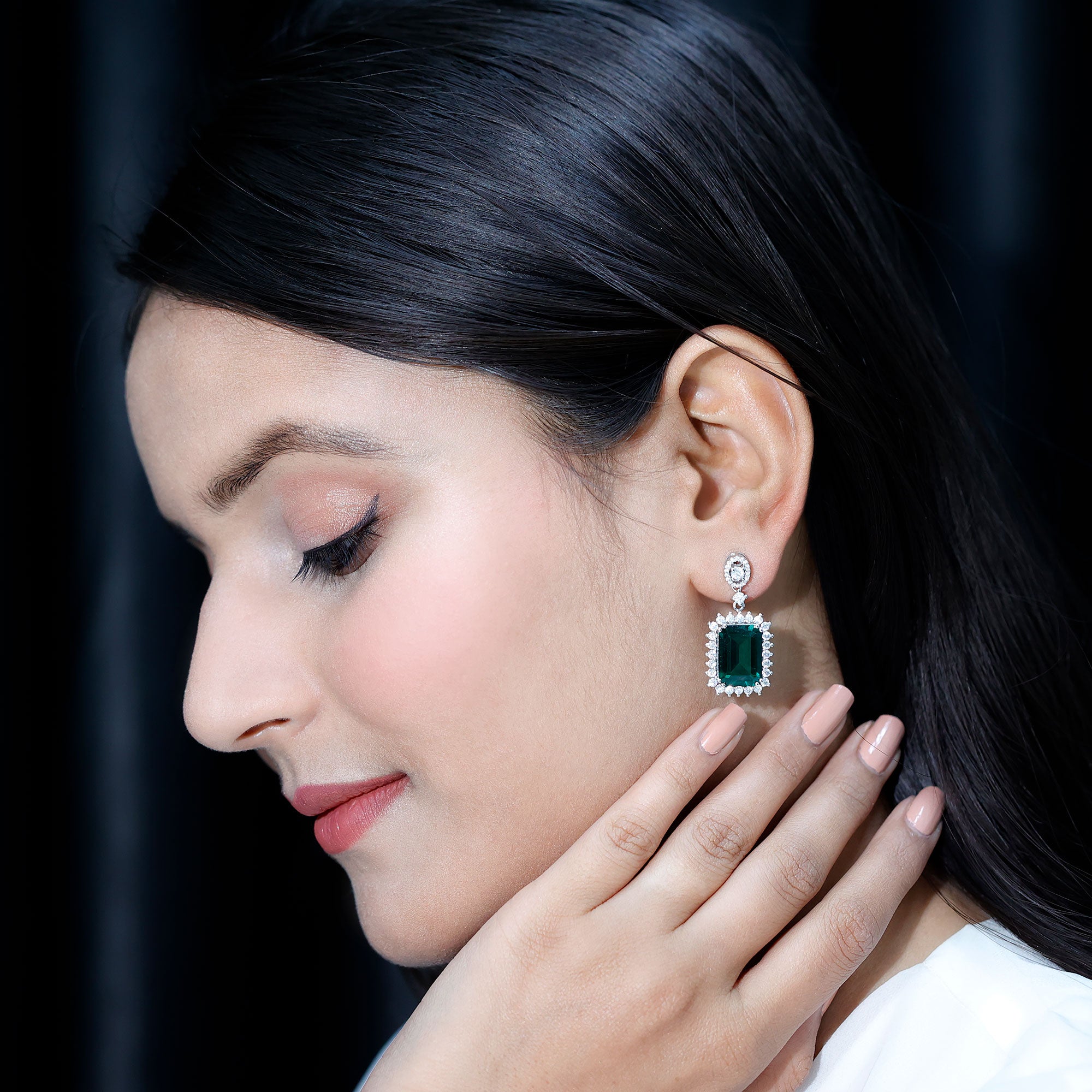 Certified 10X14 MM Lab Grown Emerald Art Deco Earrings in Silver