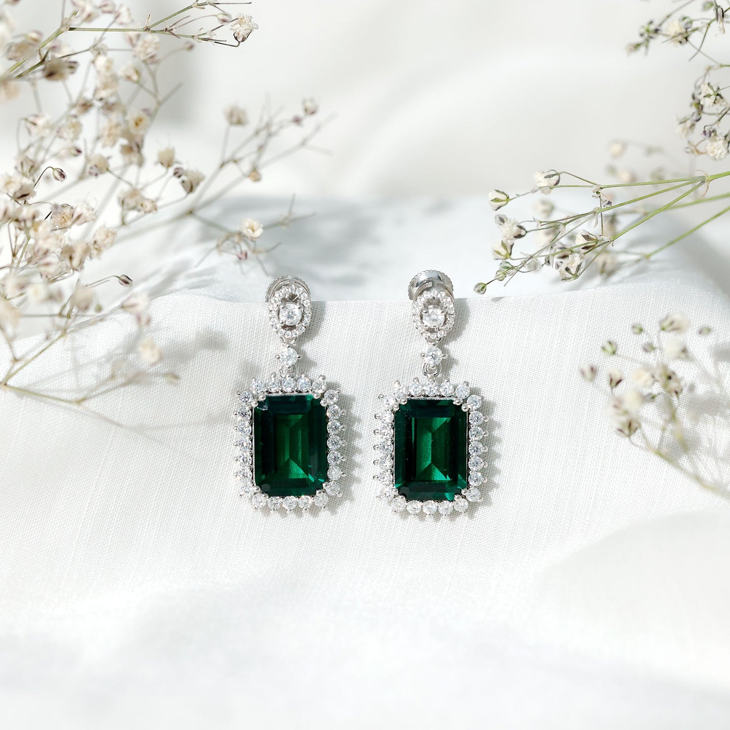 Certified 10X14 MM Lab Grown Emerald Art Deco Earrings in Silver