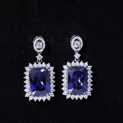 Vintage Inspired Lab Blue Sapphire Moissanite Wedding Dangle Earrings