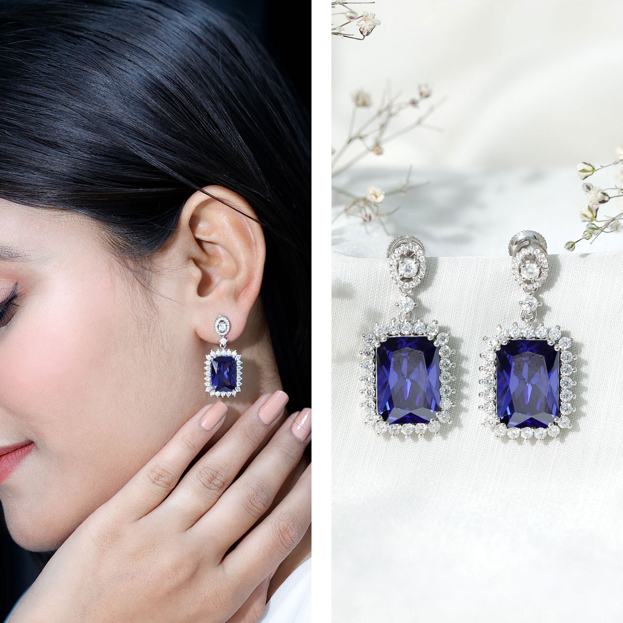 Vintage Inspired Lab Blue Sapphire Moissanite Wedding Dangle Earrings