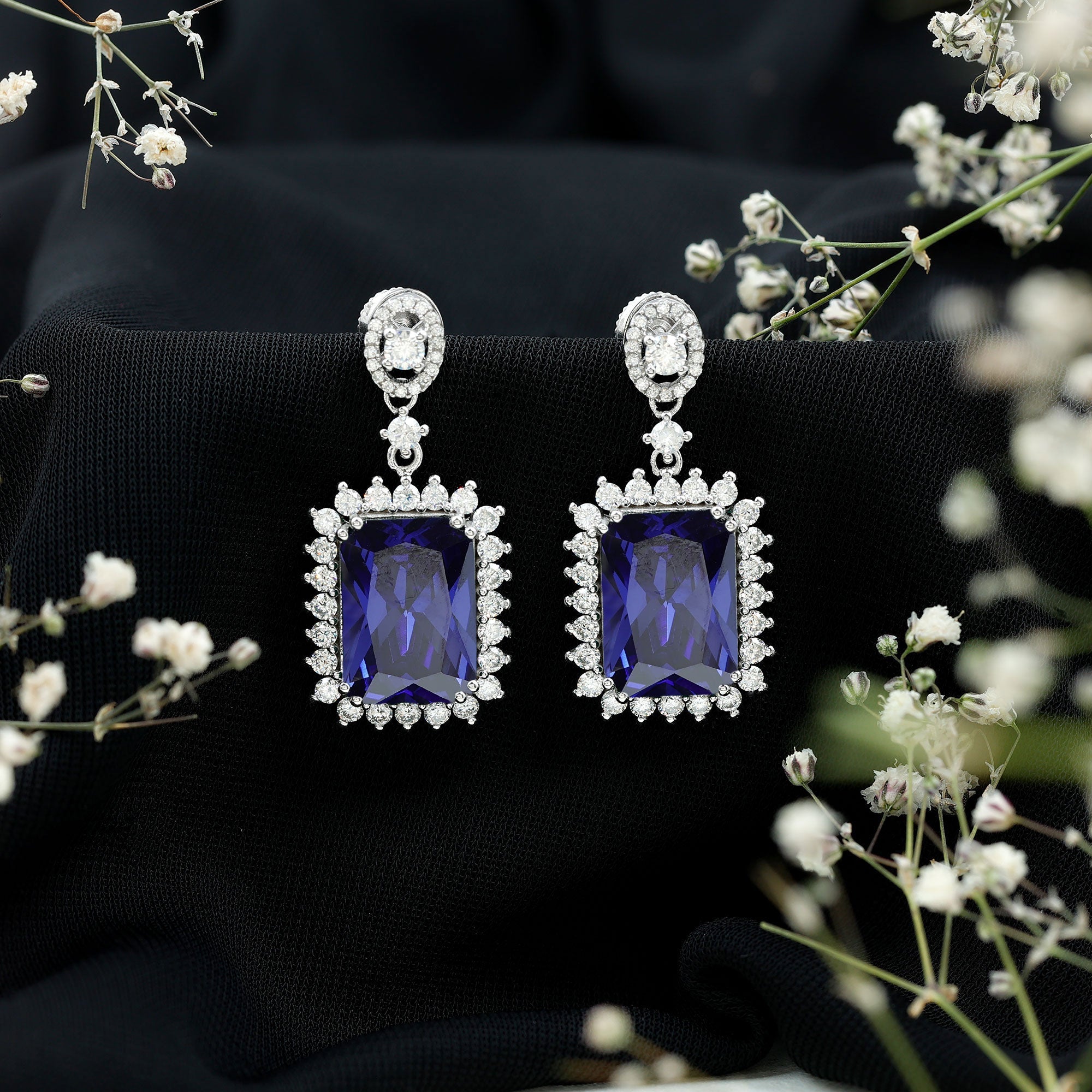 Vintage Inspired Lab Blue Sapphire Moissanite Wedding Dangle Earrings