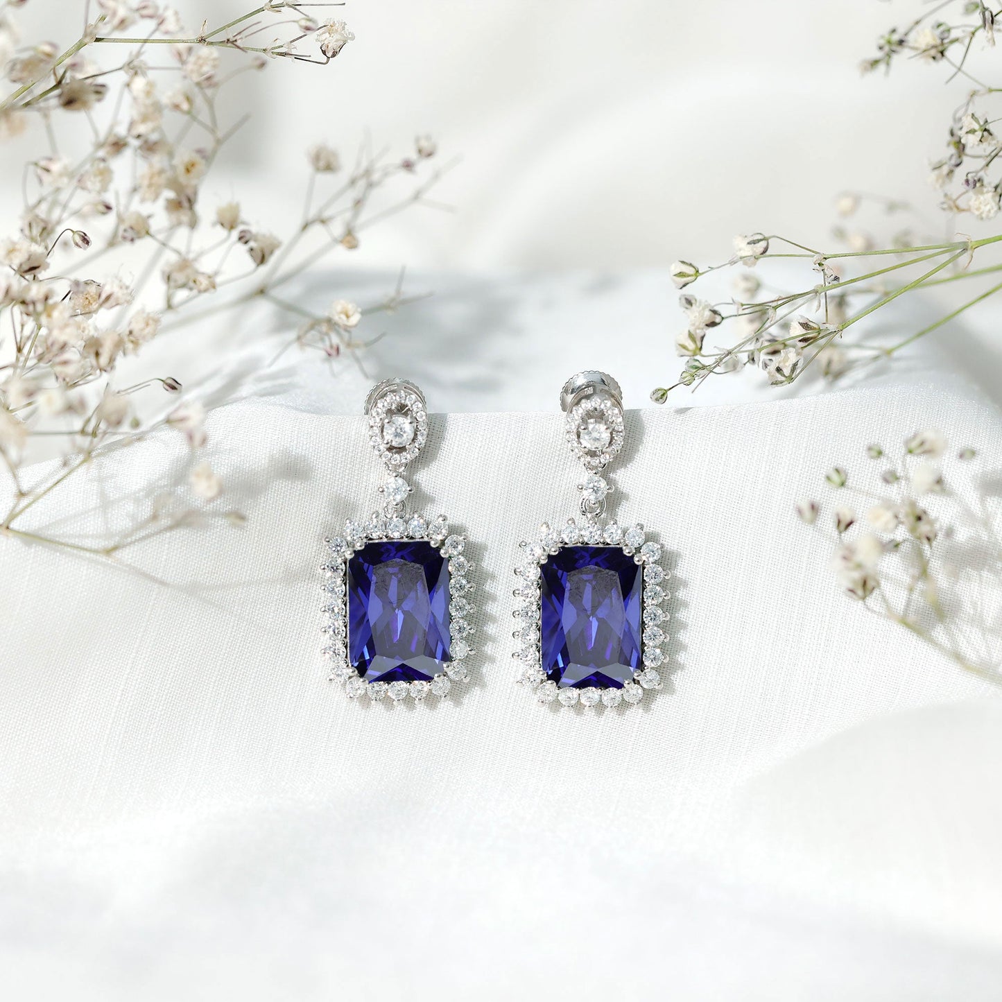 Vintage Inspired Lab Blue Sapphire Moissanite Wedding Dangle Earrings