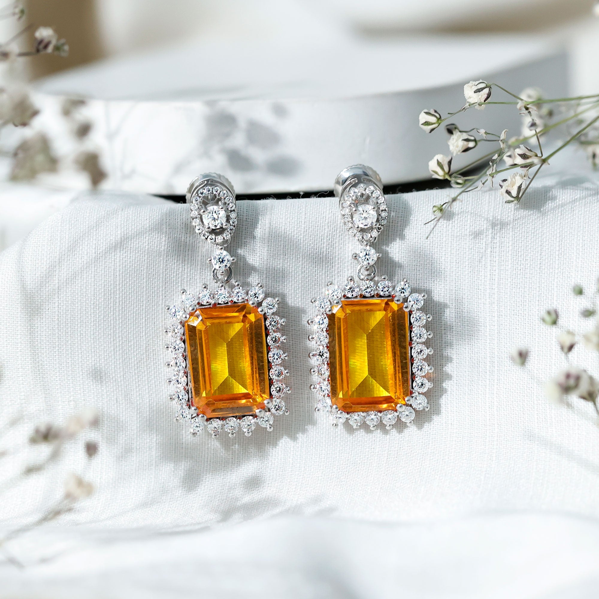 10X14 MM Lab Grown Yellow Sapphire Emerald Cut Earrings in Silver