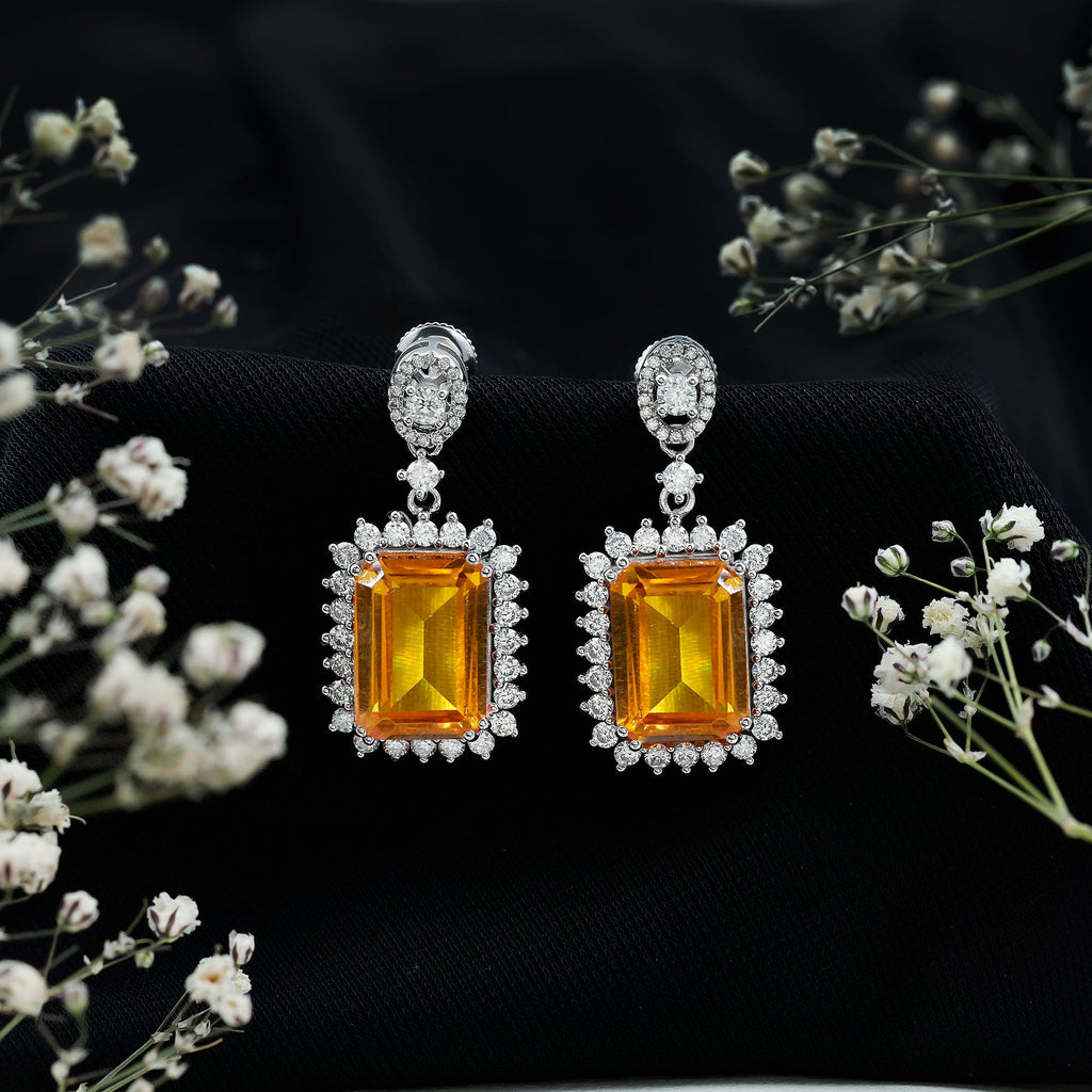 10X14 MM Lab Grown Yellow Sapphire Emerald Cut Earrings in Silver