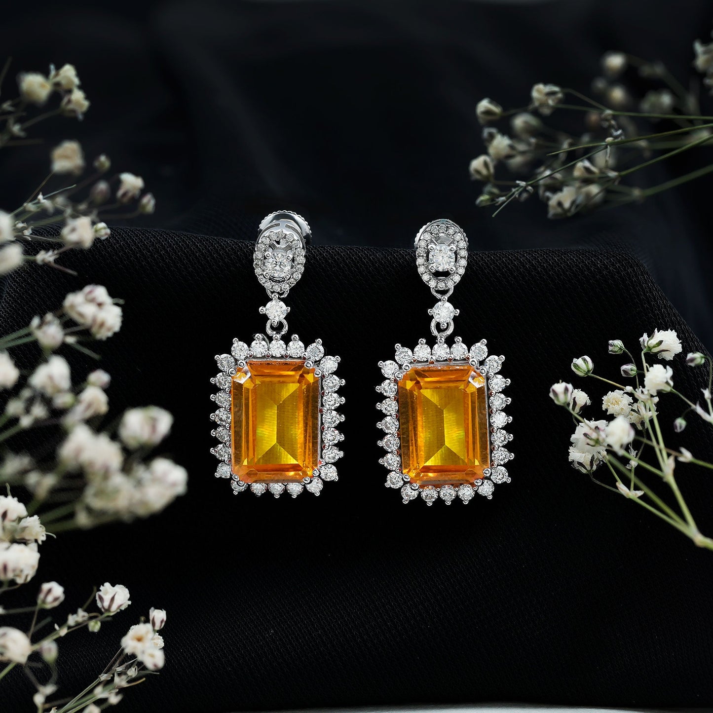10X14 MM Lab Grown Yellow Sapphire Emerald Cut Earrings in Silver