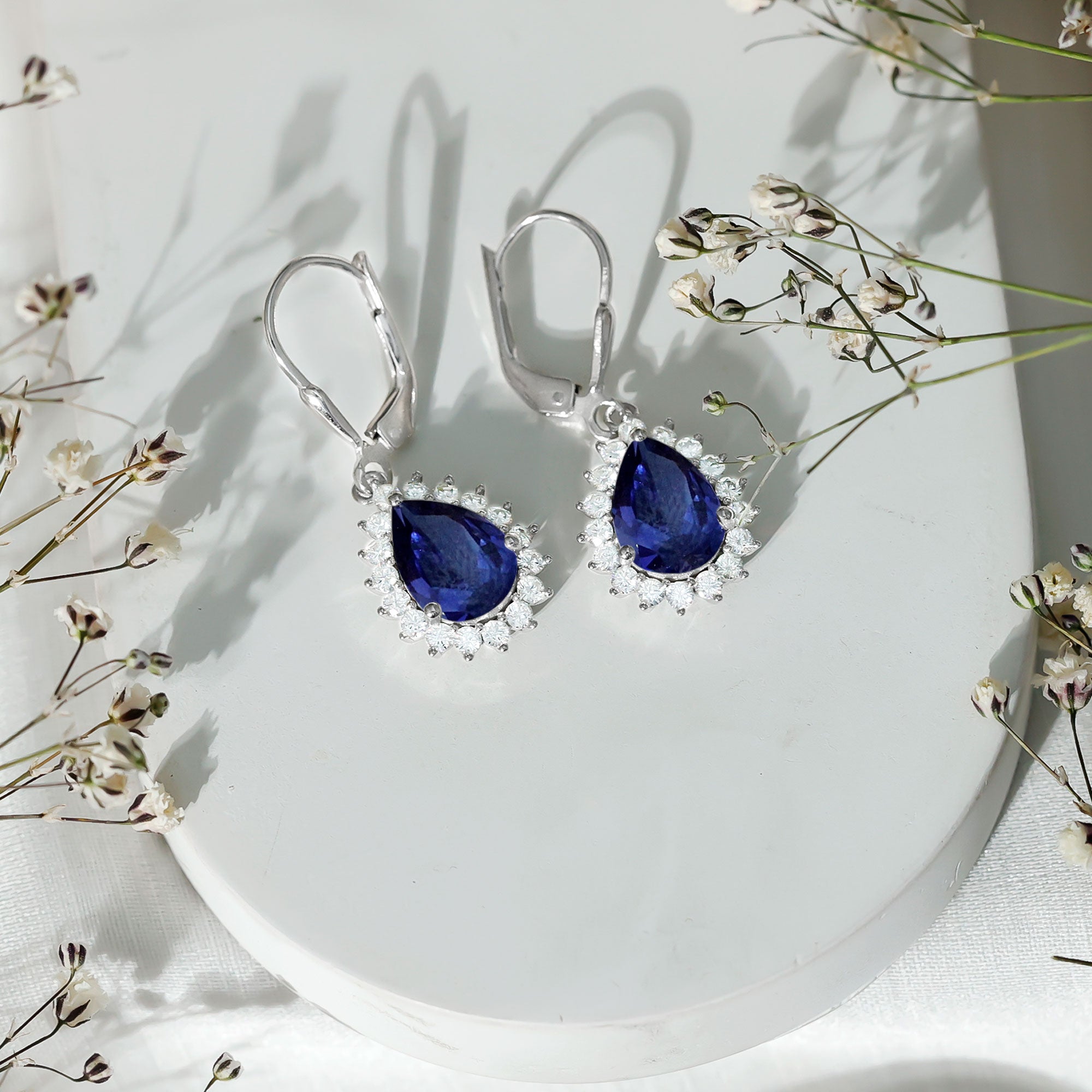 Lab Grown Blue Sapphire Sterling Silver Drop Earrings