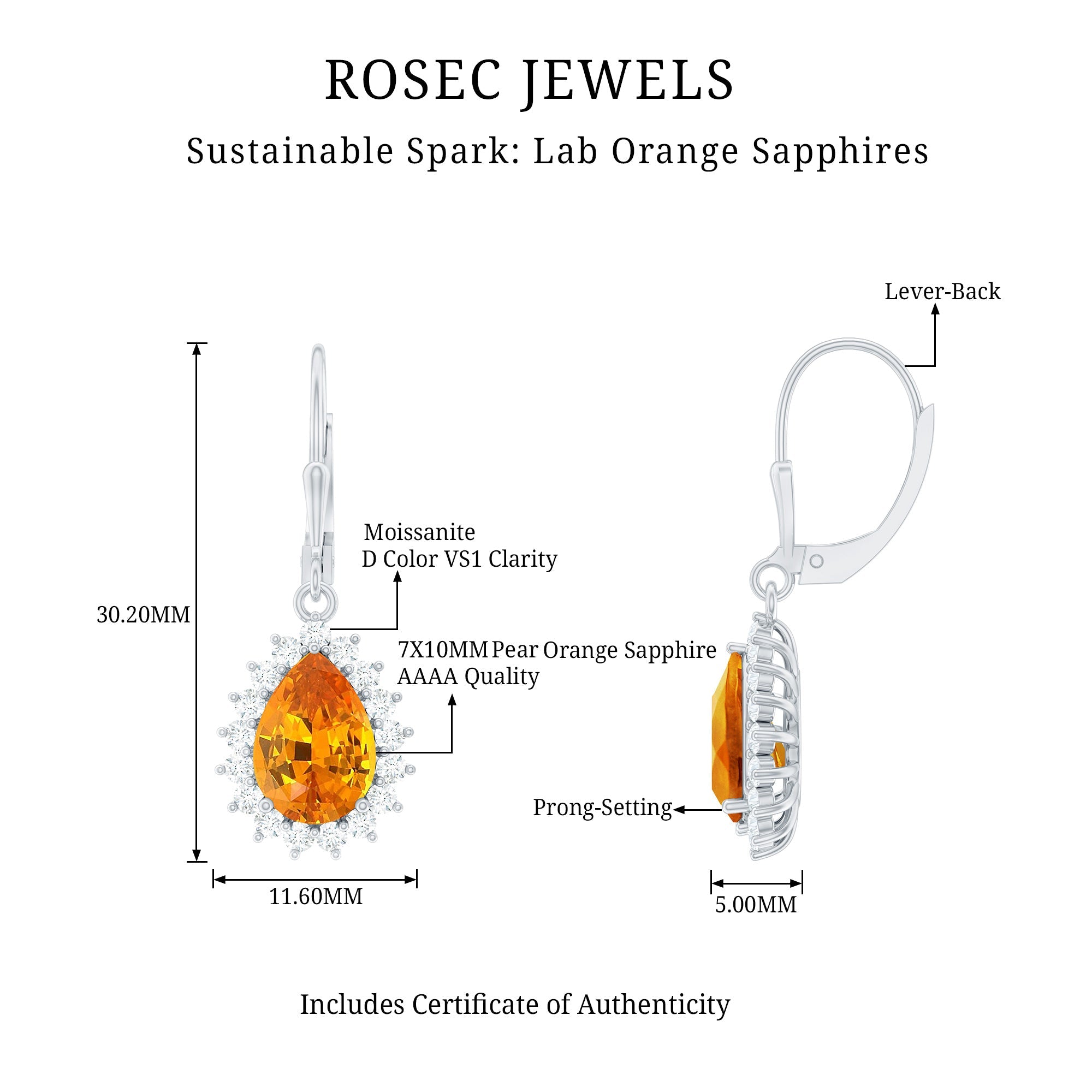 Lab Grown Orange Sapphire Teardrop Earrings With Moissanite Halo Accents