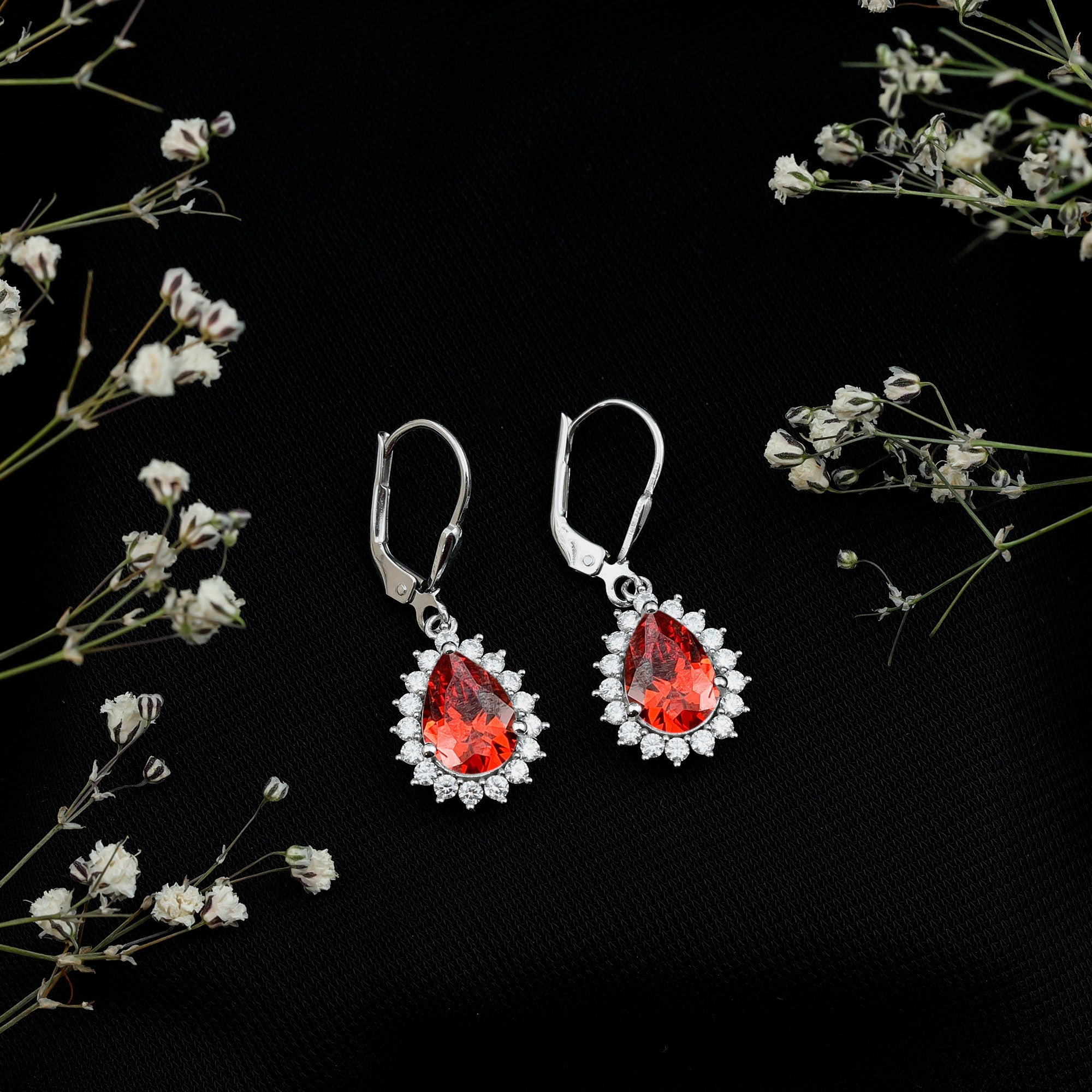 Lab Grown Orange Sapphire Teardrop Earrings With Moissanite Halo Accents