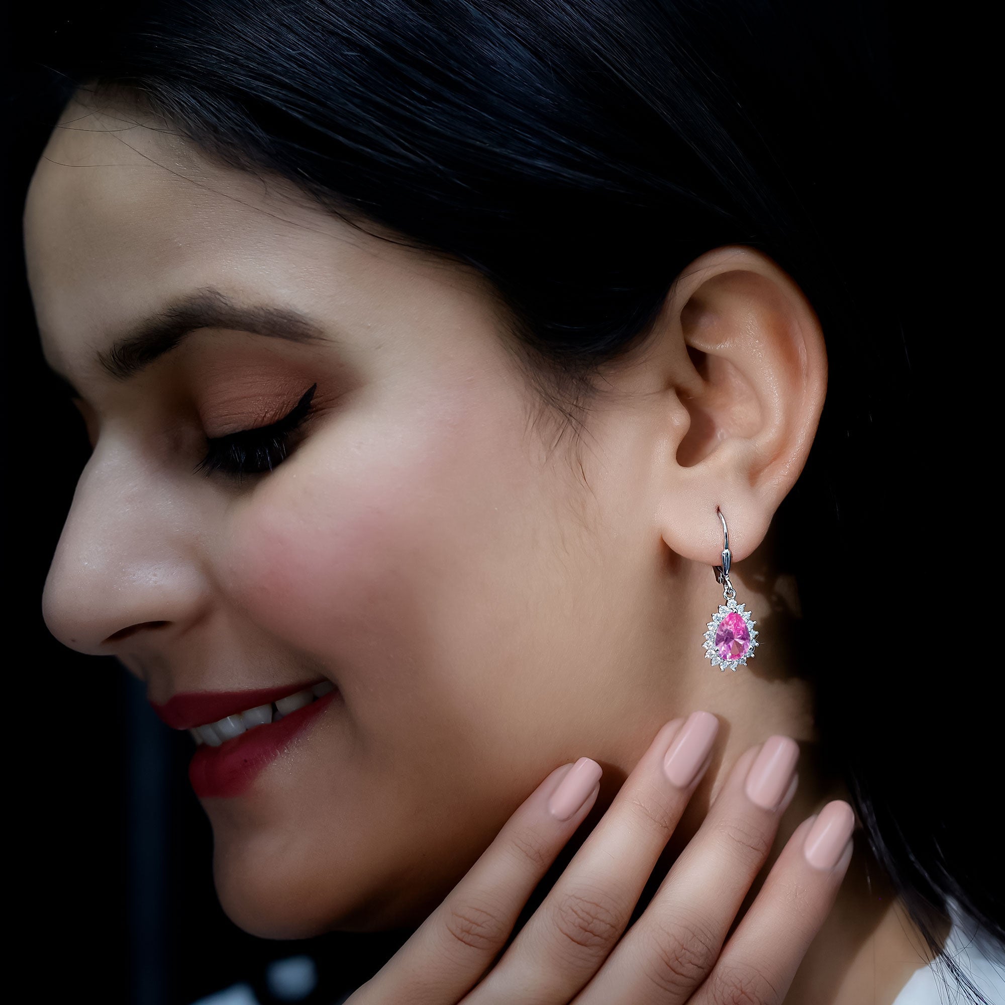 Lab Grown Pink Sapphire Drop Dangle Earrings in Silver