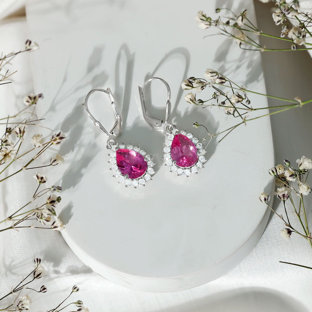 Lab Grown Pink Sapphire Drop Dangle Earrings in Silver