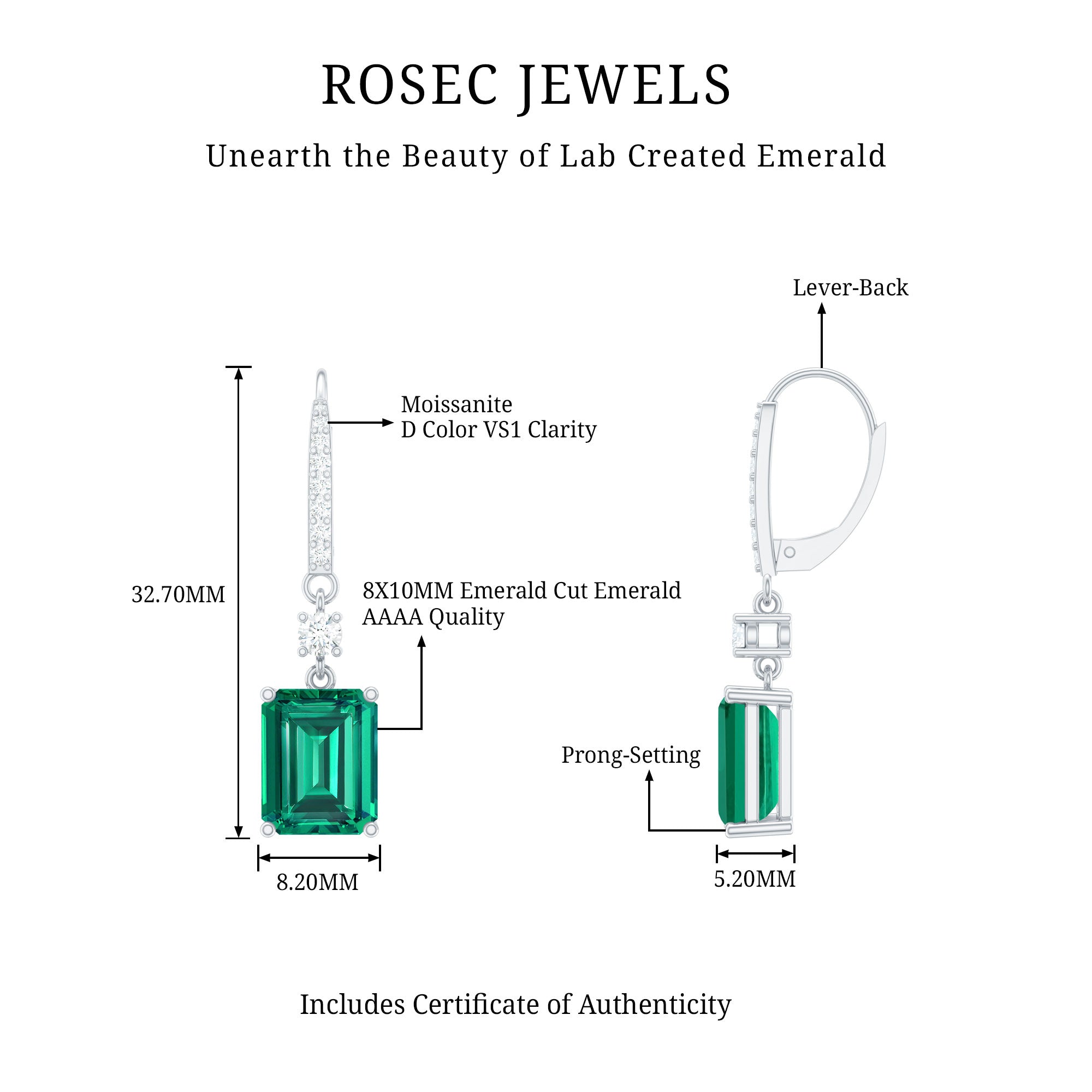 Sterling Silver Lab Grown Emerald Leverback Earrings For Women