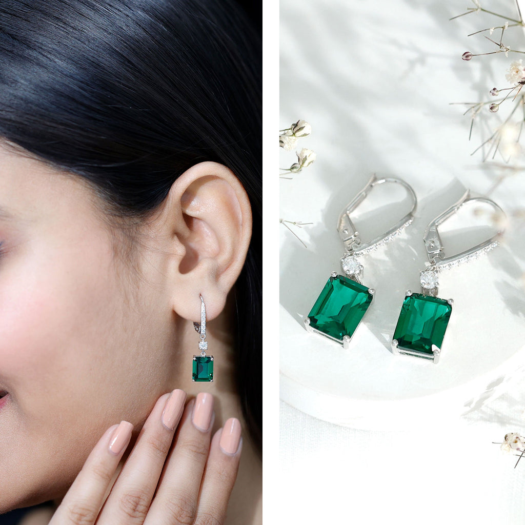 Sterling Silver Lab Grown Emerald Leverback Earrings For Women