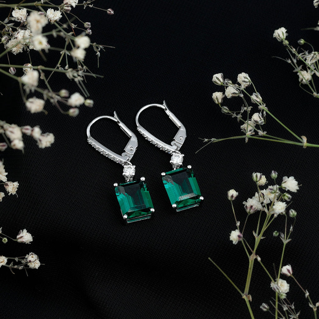 Sterling Silver Lab Grown Emerald Leverback Earrings For Women
