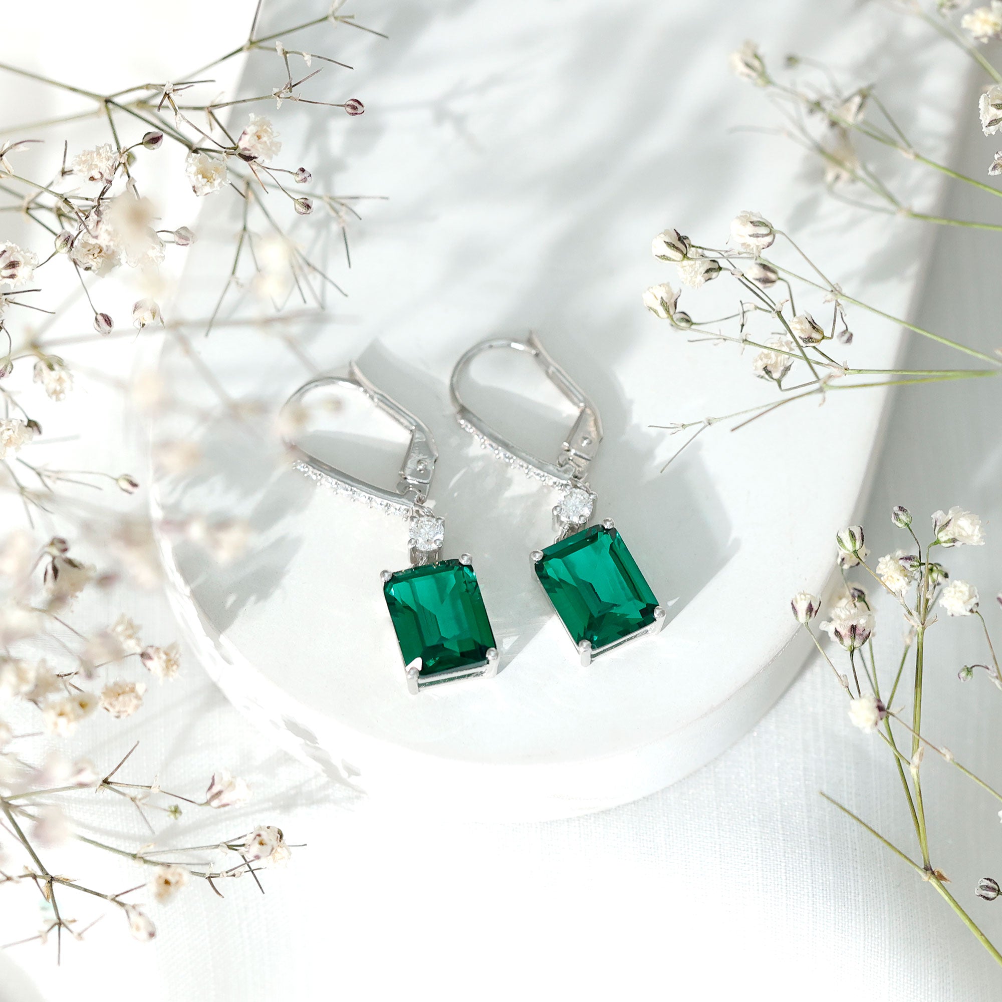 Sterling Silver Lab Grown Emerald Leverback Earrings For Women