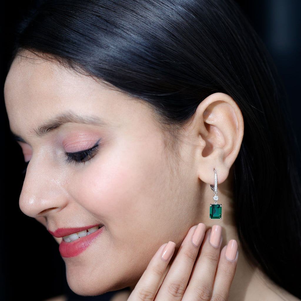 Sterling Silver Lab Grown Emerald Leverback Earrings For Women
