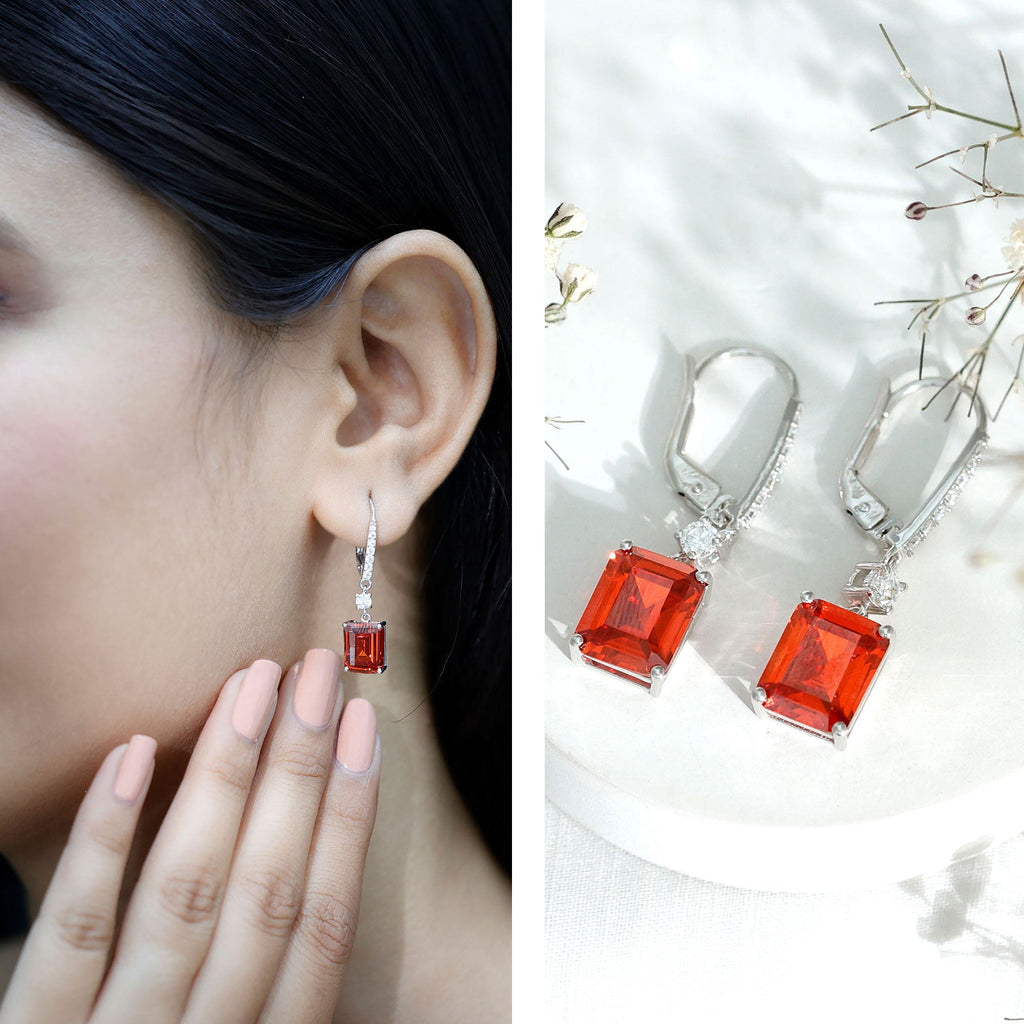 Emerald Cut 8X10 MM Lab Created Orange Sapphire Hoop Drop Earrings