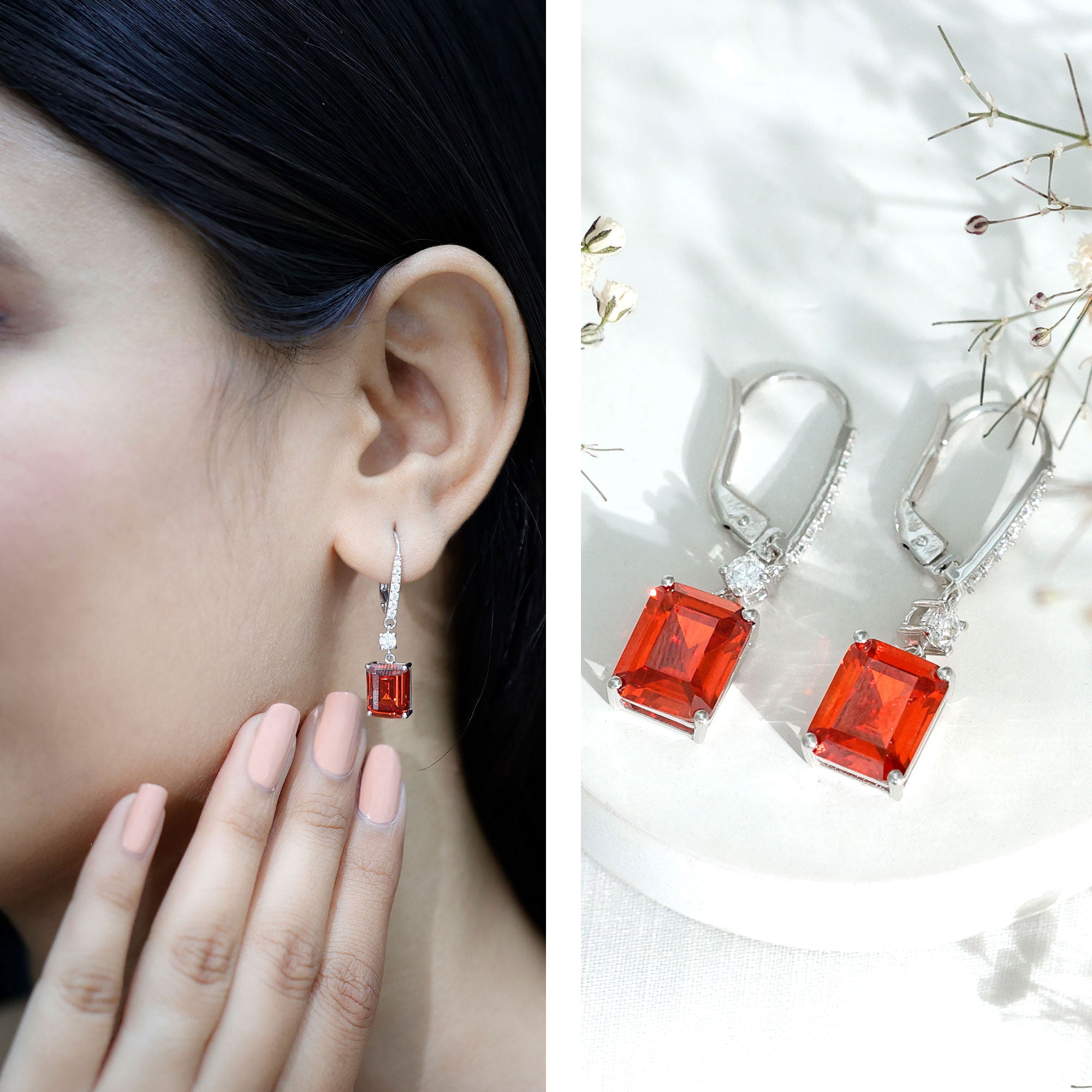 Emerald Cut 8X10 MM Lab Created Orange Sapphire Hoop Drop Earrings