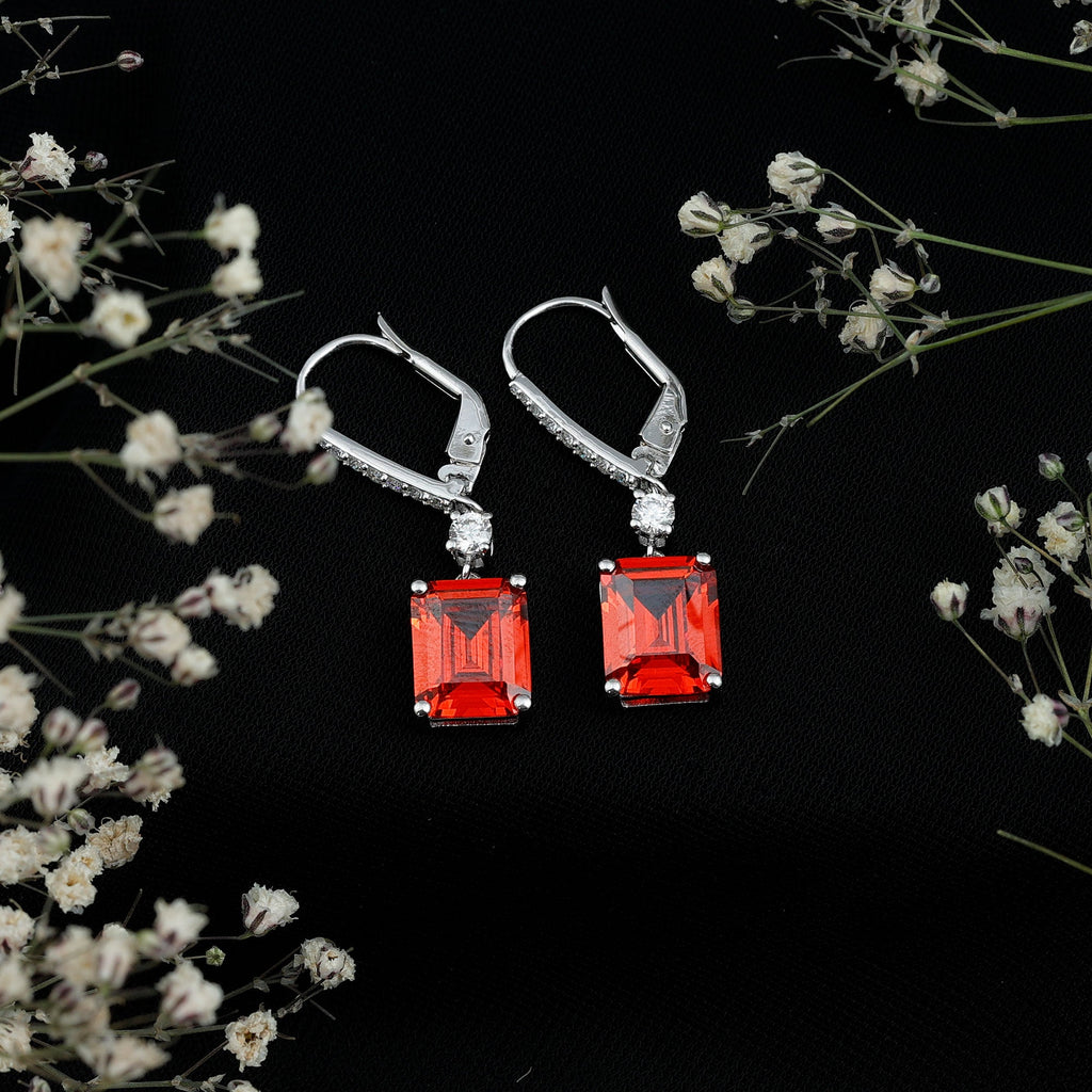 Emerald Cut 8X10 MM Lab Created Orange Sapphire Hoop Drop Earrings