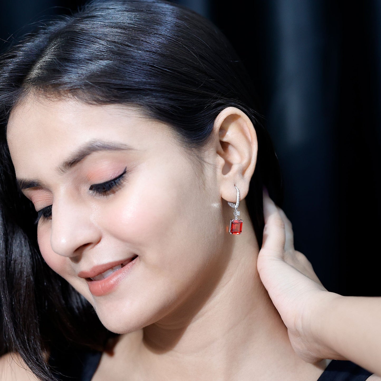 Emerald Cut 8X10 MM Lab Created Orange Sapphire Hoop Drop Earrings