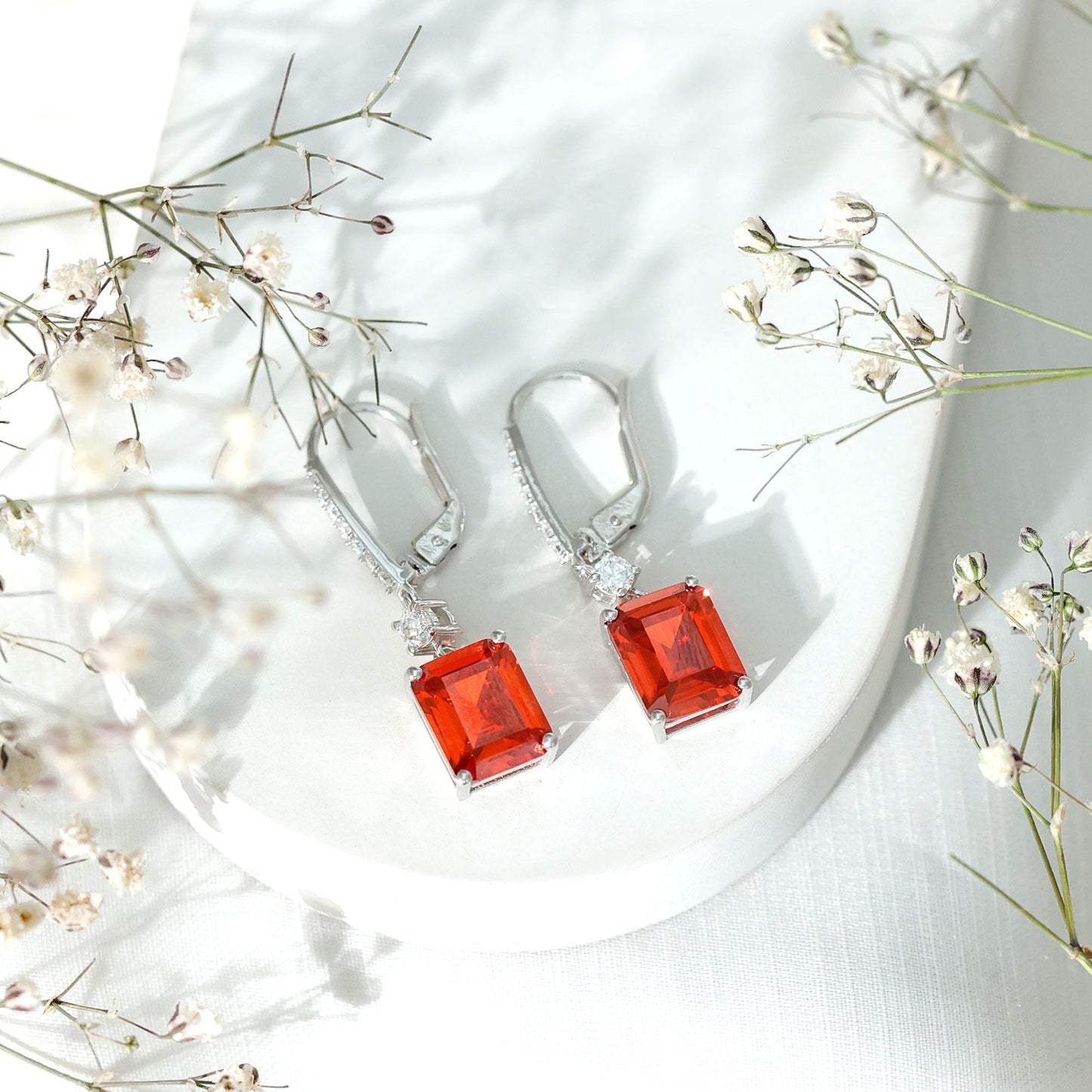 Emerald Cut 8X10 MM Lab Created Orange Sapphire Hoop Drop Earrings