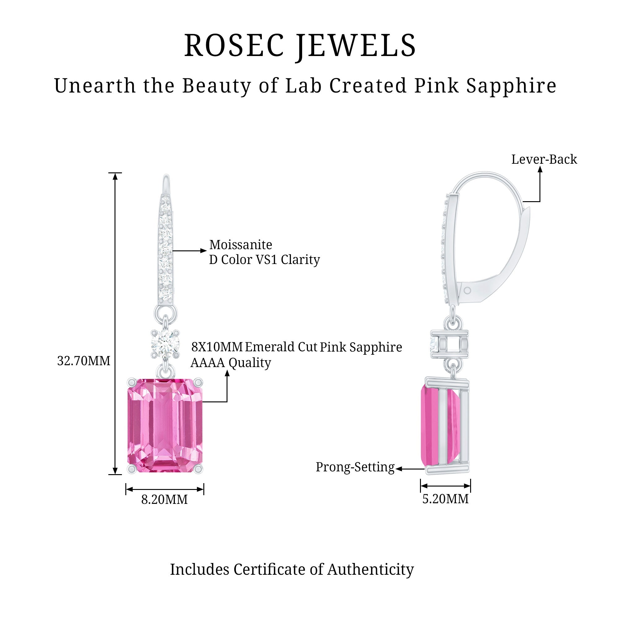 Certified 8X10 MM Lab Grown Pink Sapphire Bridal Earrings in Silver