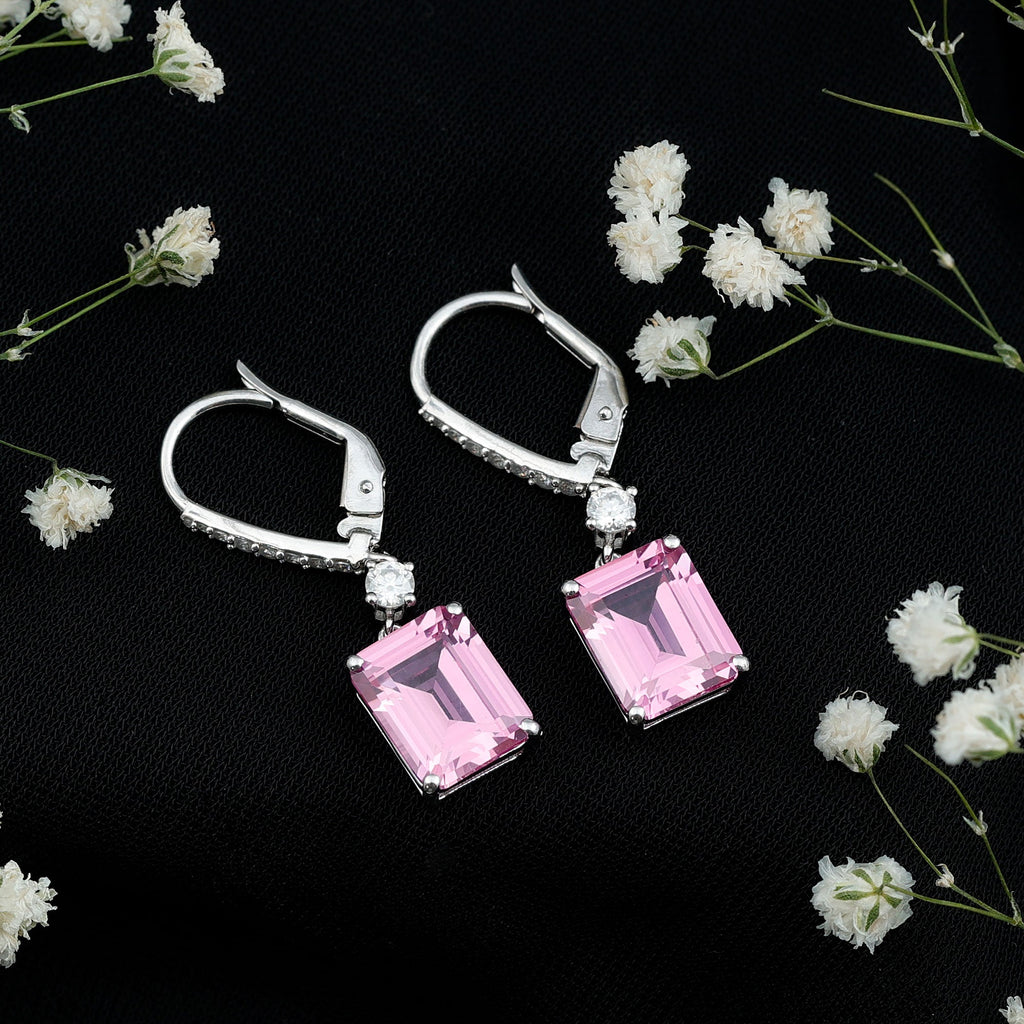 Certified 8X10 MM Lab Grown Pink Sapphire Bridal Earrings in Silver