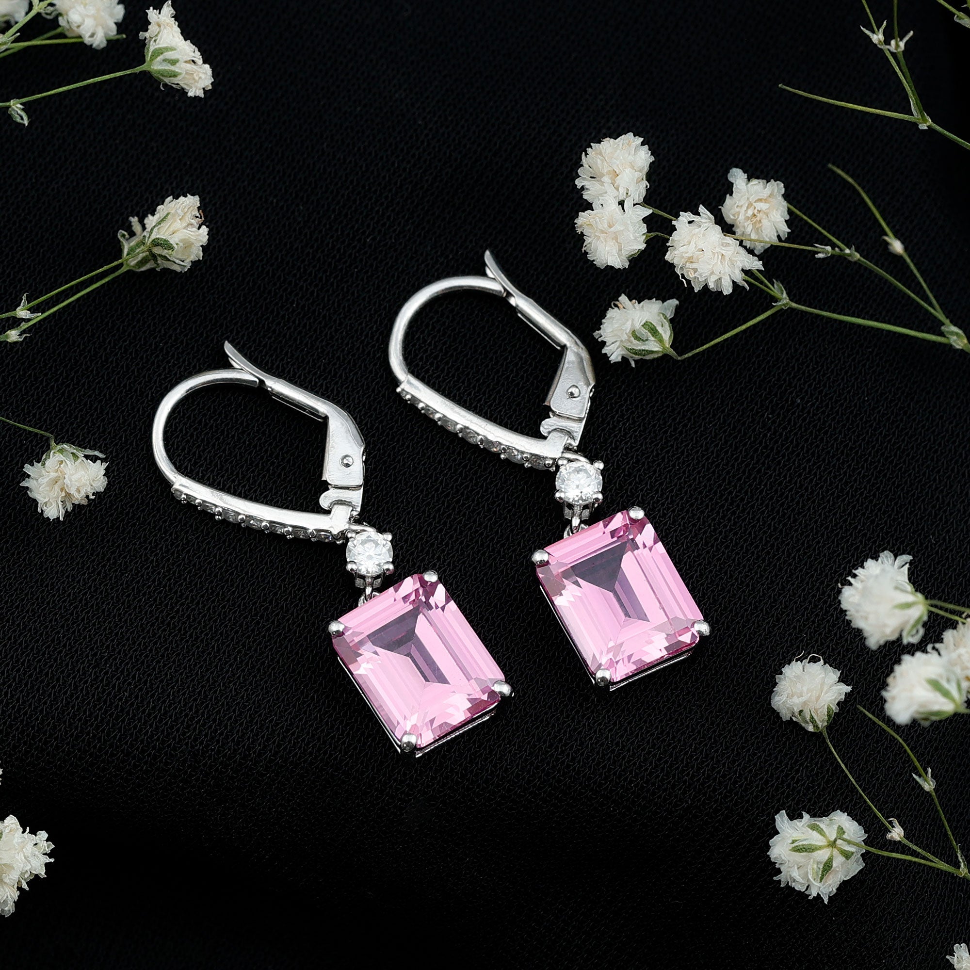 Certified 8X10 MM Lab Grown Pink Sapphire Bridal Earrings in Silver