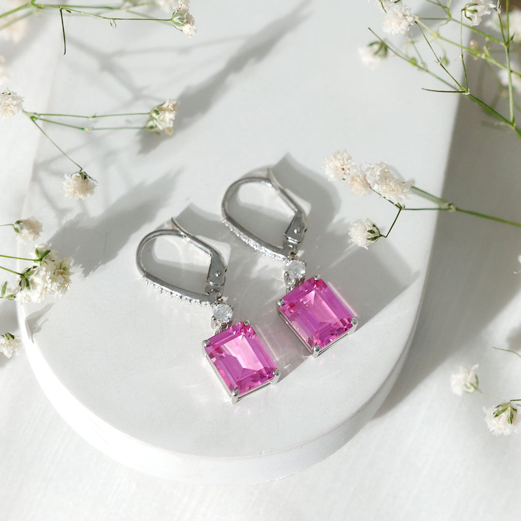 Certified 8X10 MM Lab Grown Pink Sapphire Bridal Earrings in Silver