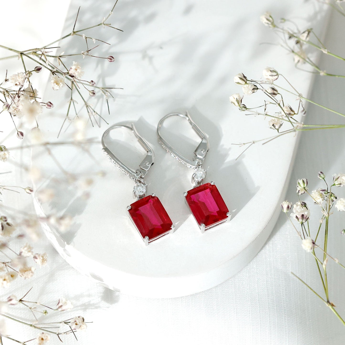 Lab Created Ruby Wedding Earrings for Brides in Silver