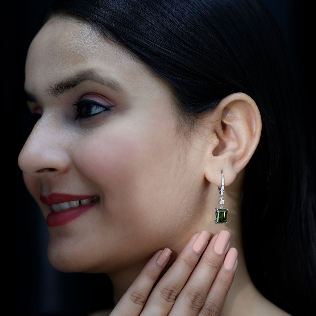 Lab Grown Green Sapphire Hoop Earrings in Silver