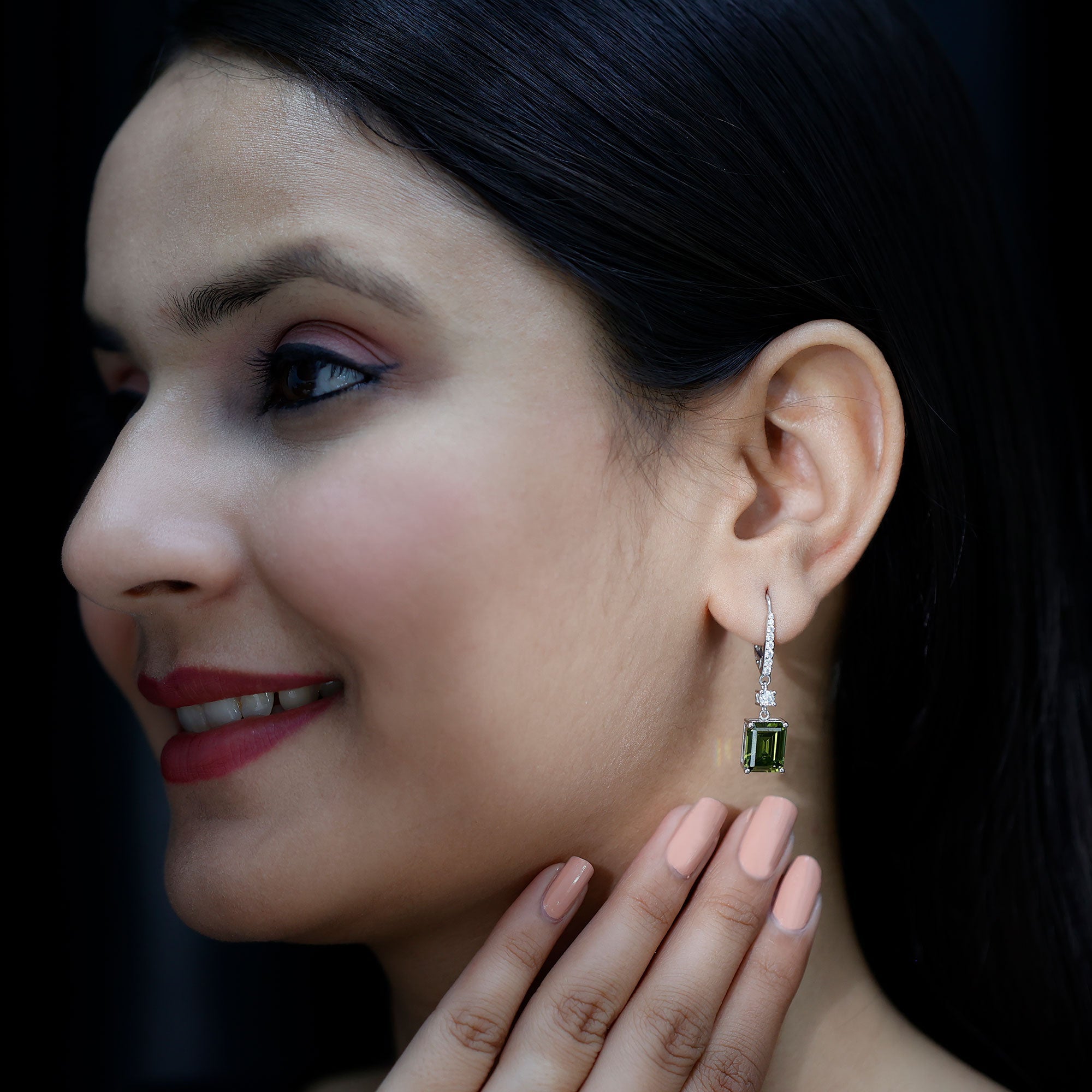 Lab Grown Green Sapphire Hoop Earrings in Silver