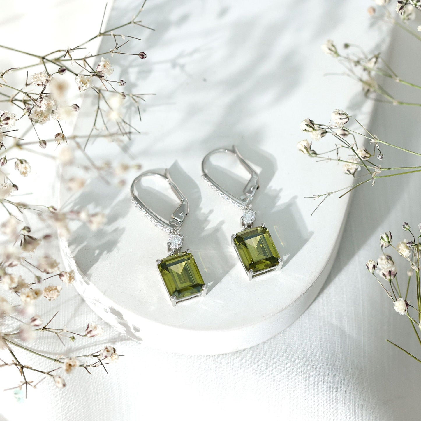 Lab Grown Green Sapphire Hoop Earrings in Silver