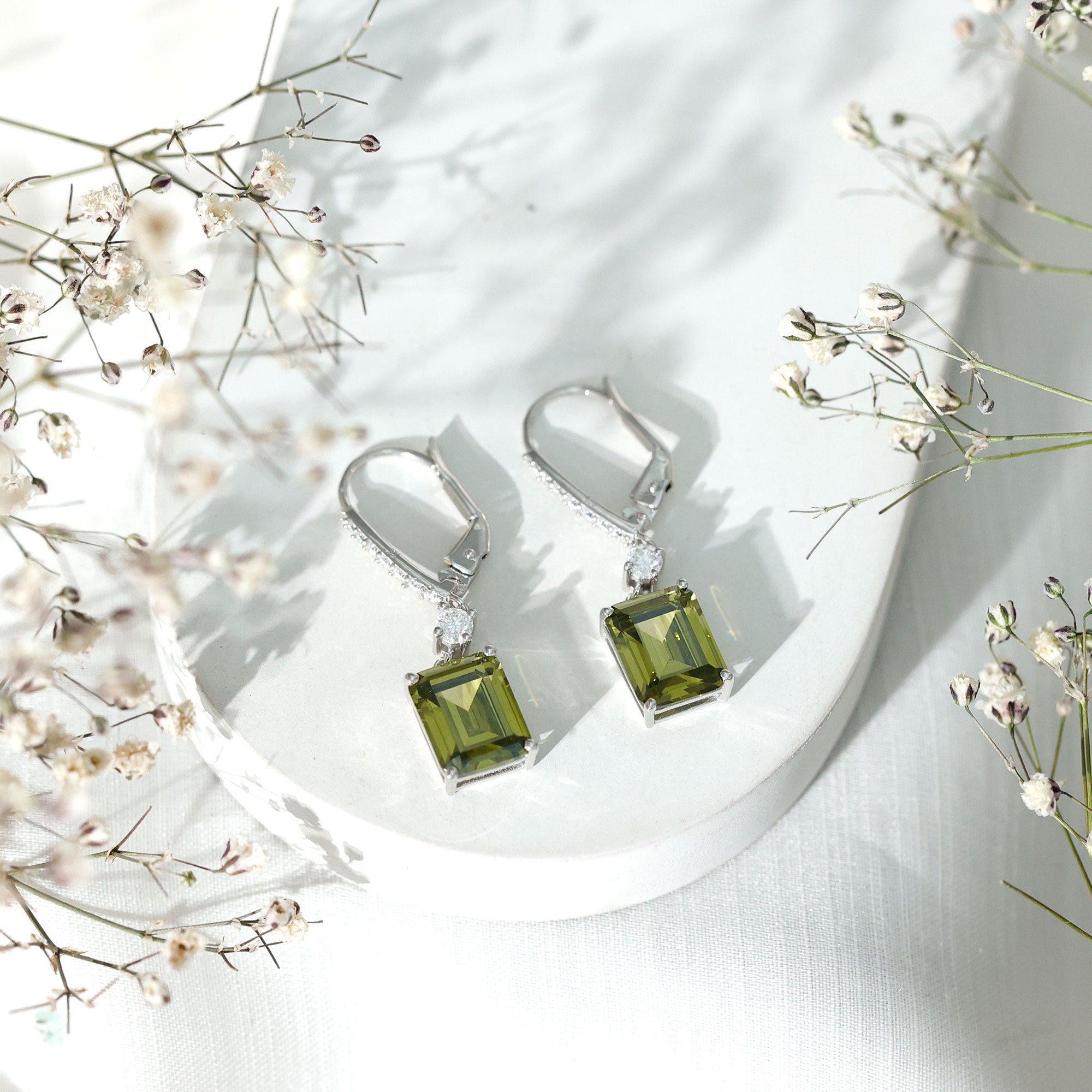 Lab Grown Green Sapphire Hoop Earrings in Silver