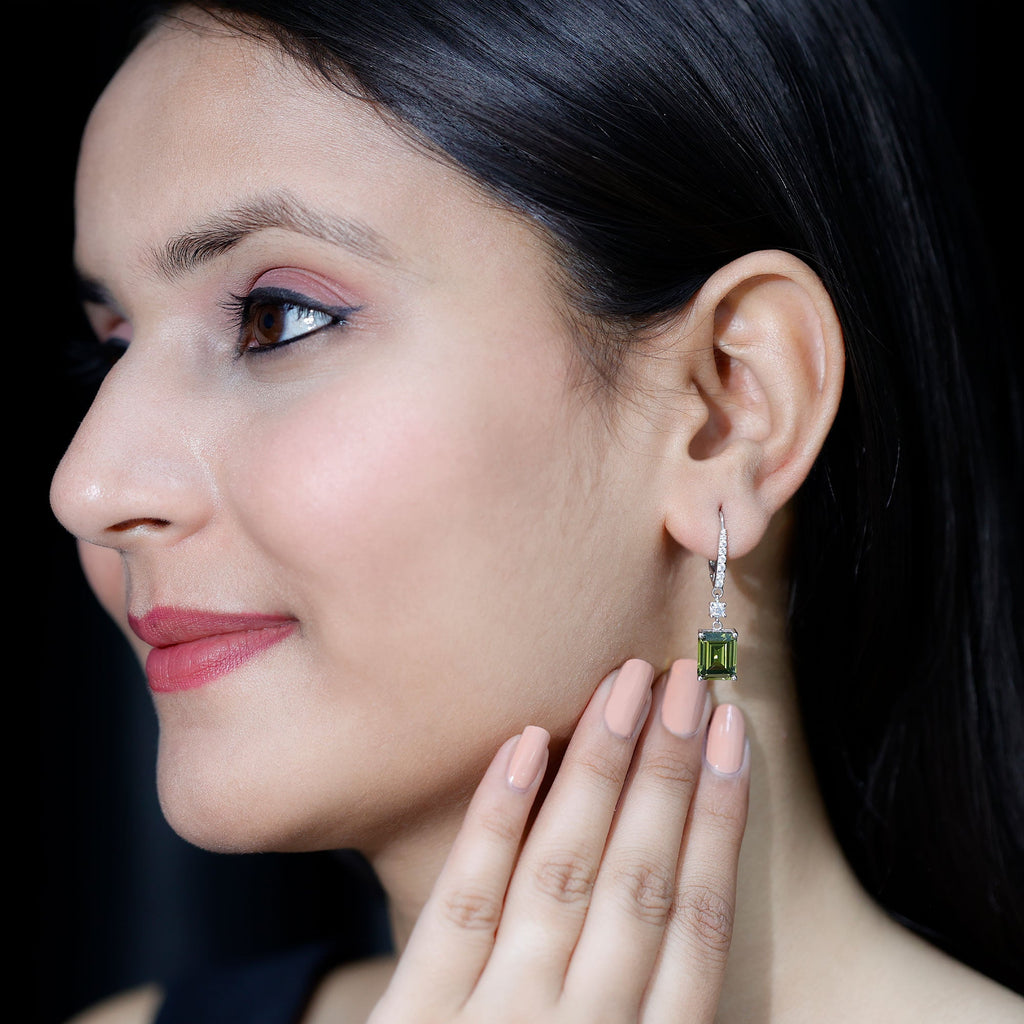 Lab Grown Green Sapphire Hoop Earrings in Silver