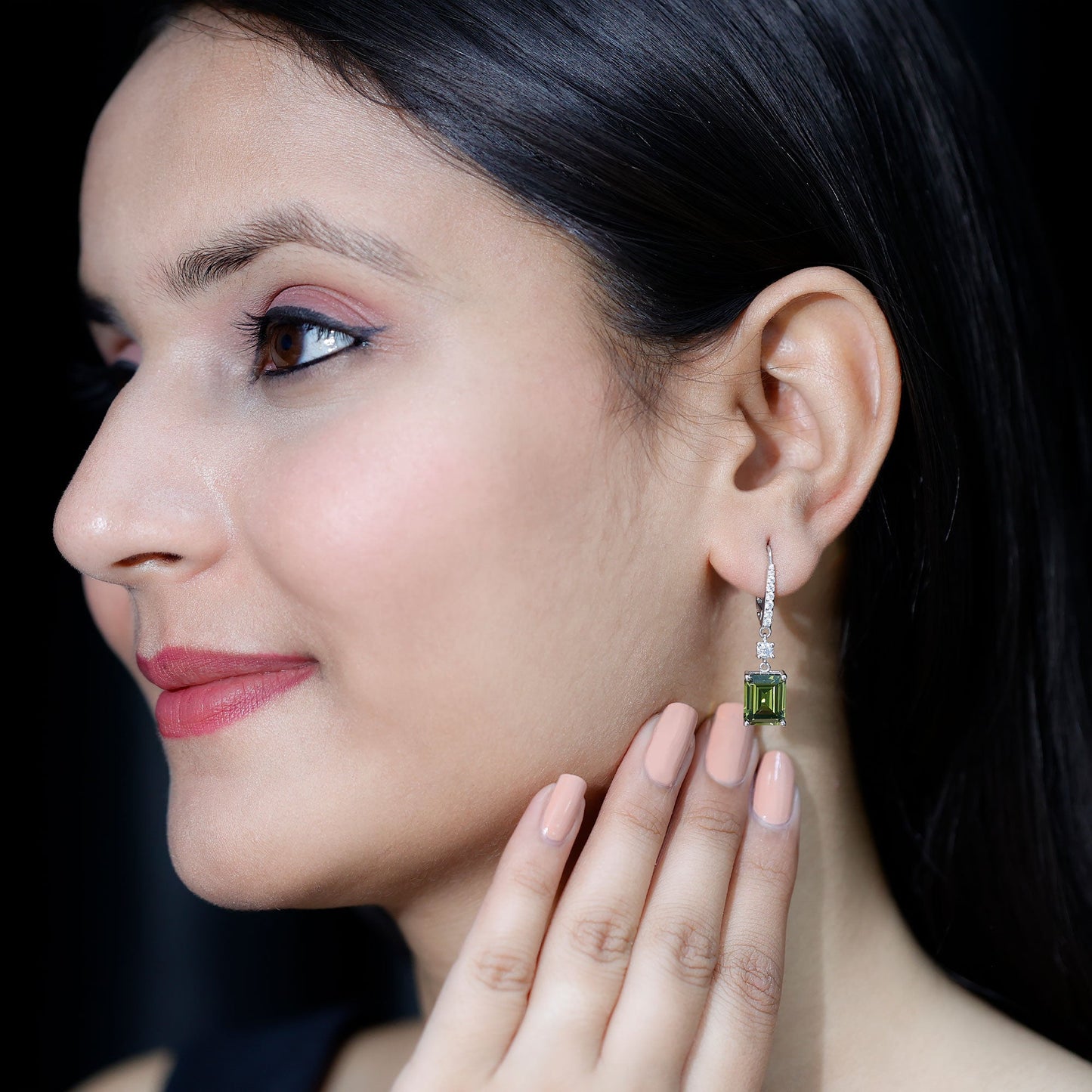 Lab Grown Green Sapphire Hoop Earrings in Silver