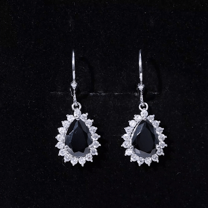 Silver Lab Grown Black Diamond Teardrop Dangle Earrings for Women