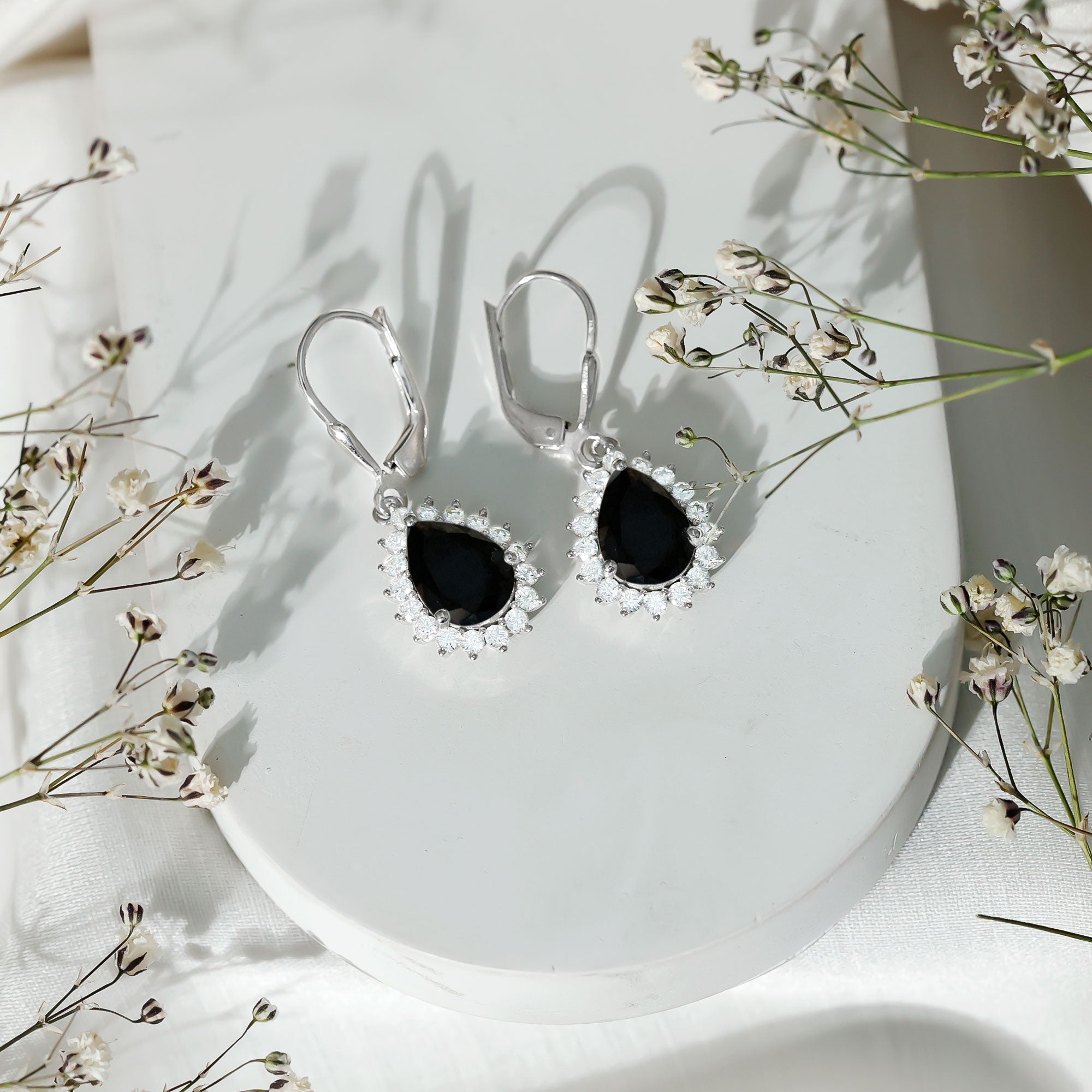 Silver Lab Grown Black Diamond Teardrop Dangle Earrings for Women