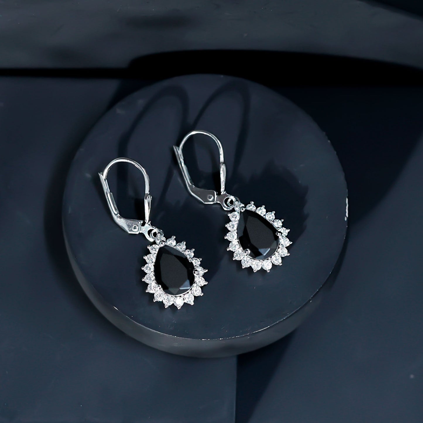 Silver Lab Grown Black Diamond Teardrop Dangle Earrings for Women