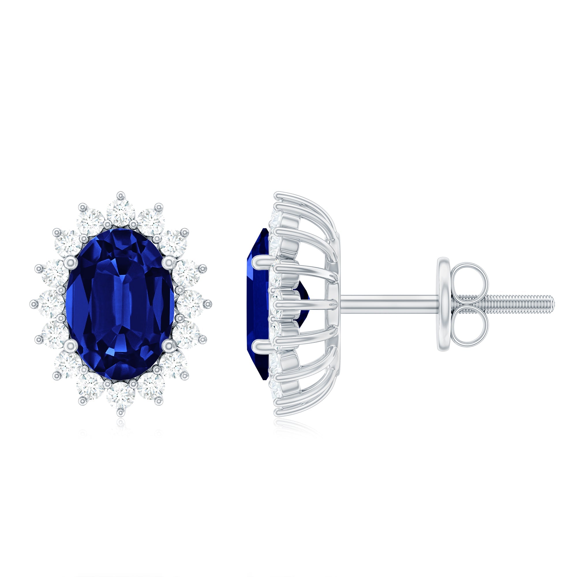 Princess Diana Inspired Created Blue Sapphire Stud Earrings with Moissanite