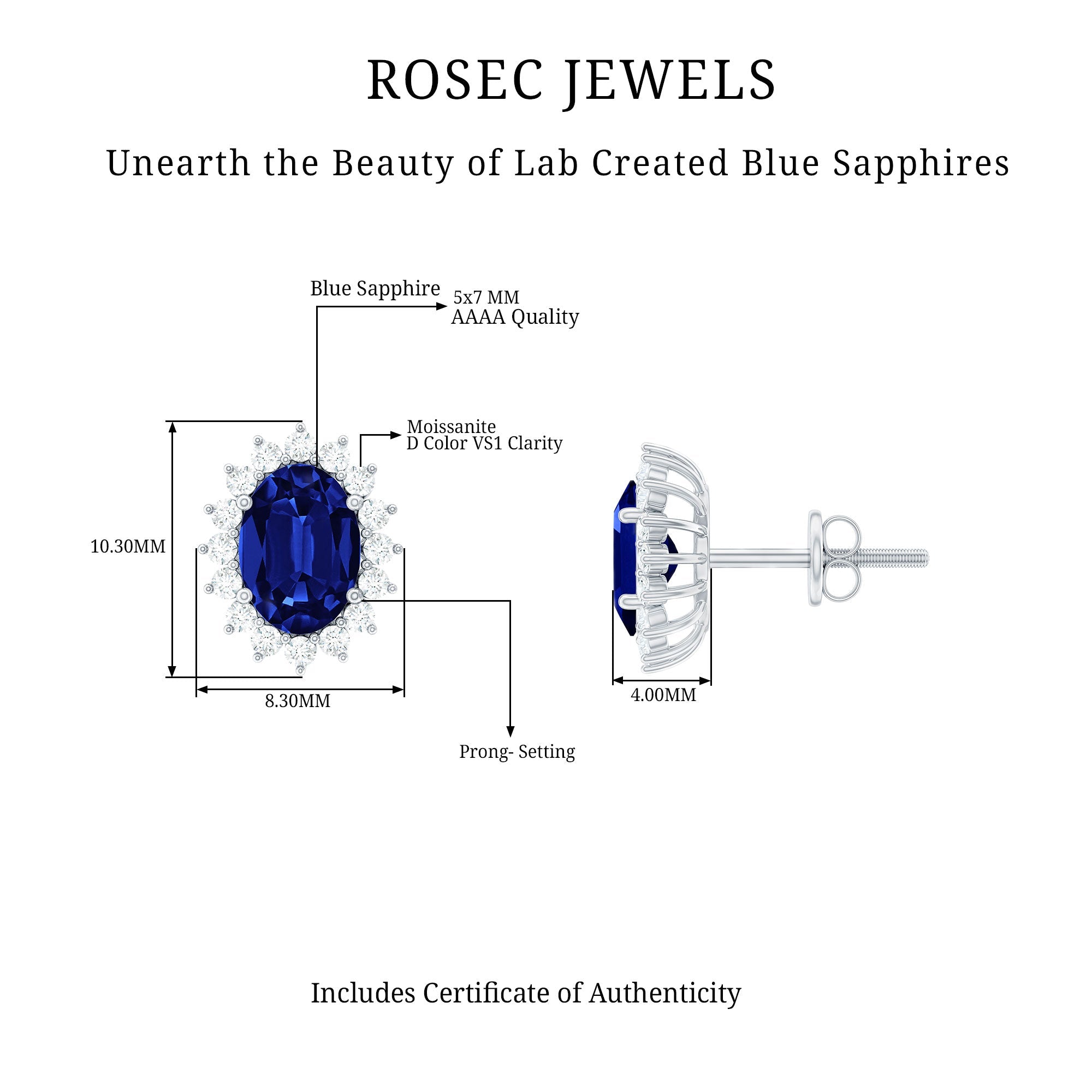 Princess Diana Inspired Created Blue Sapphire Stud Earrings with Moissanite