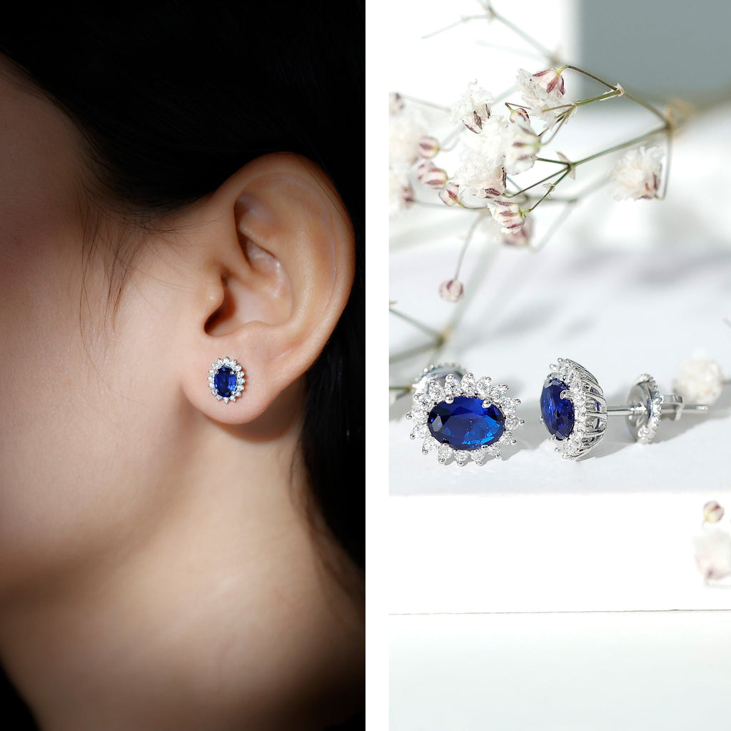 Princess Diana Inspired Created Blue Sapphire Stud Earrings with Moissanite