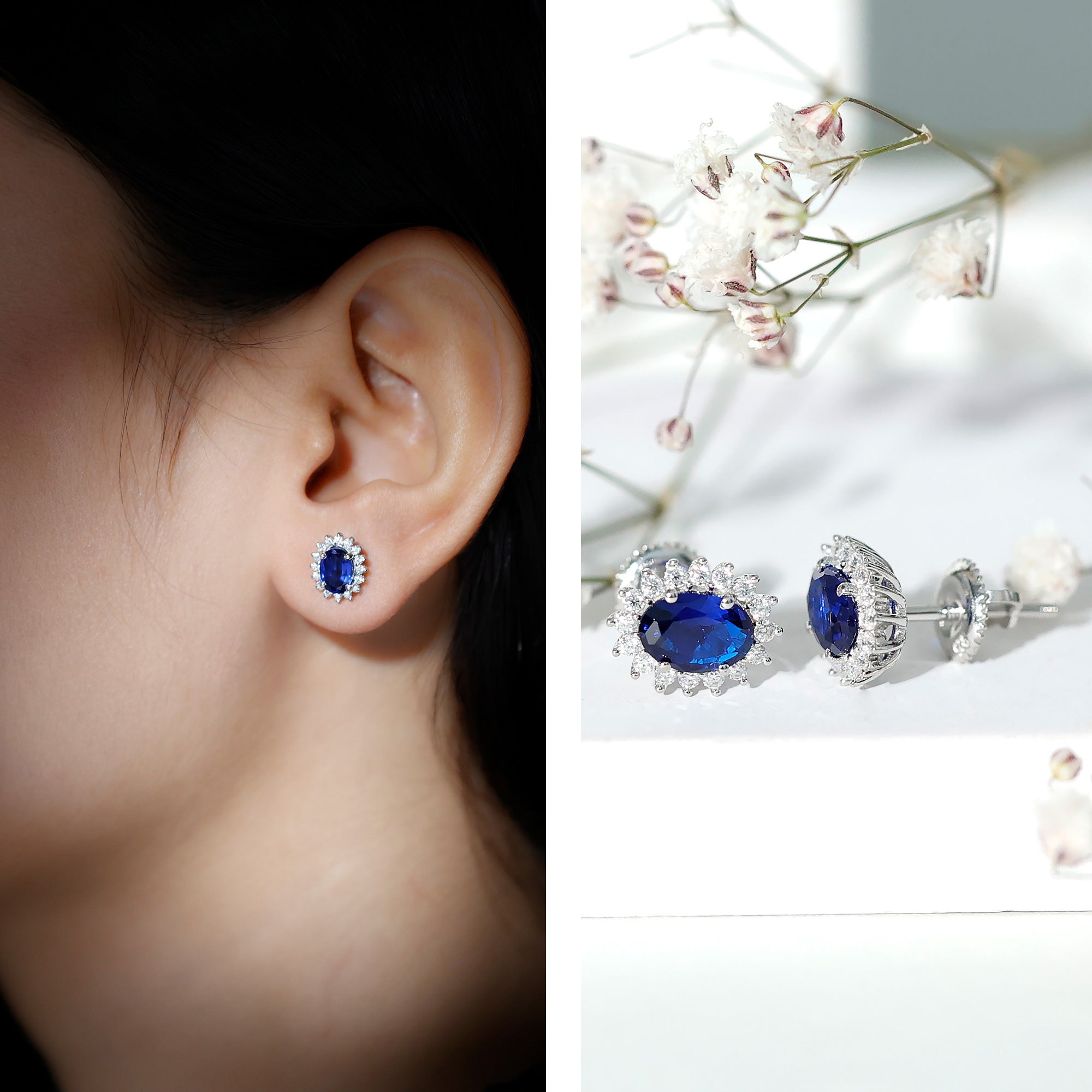 Princess Diana Inspired Created Blue Sapphire Stud Earrings with Moissanite