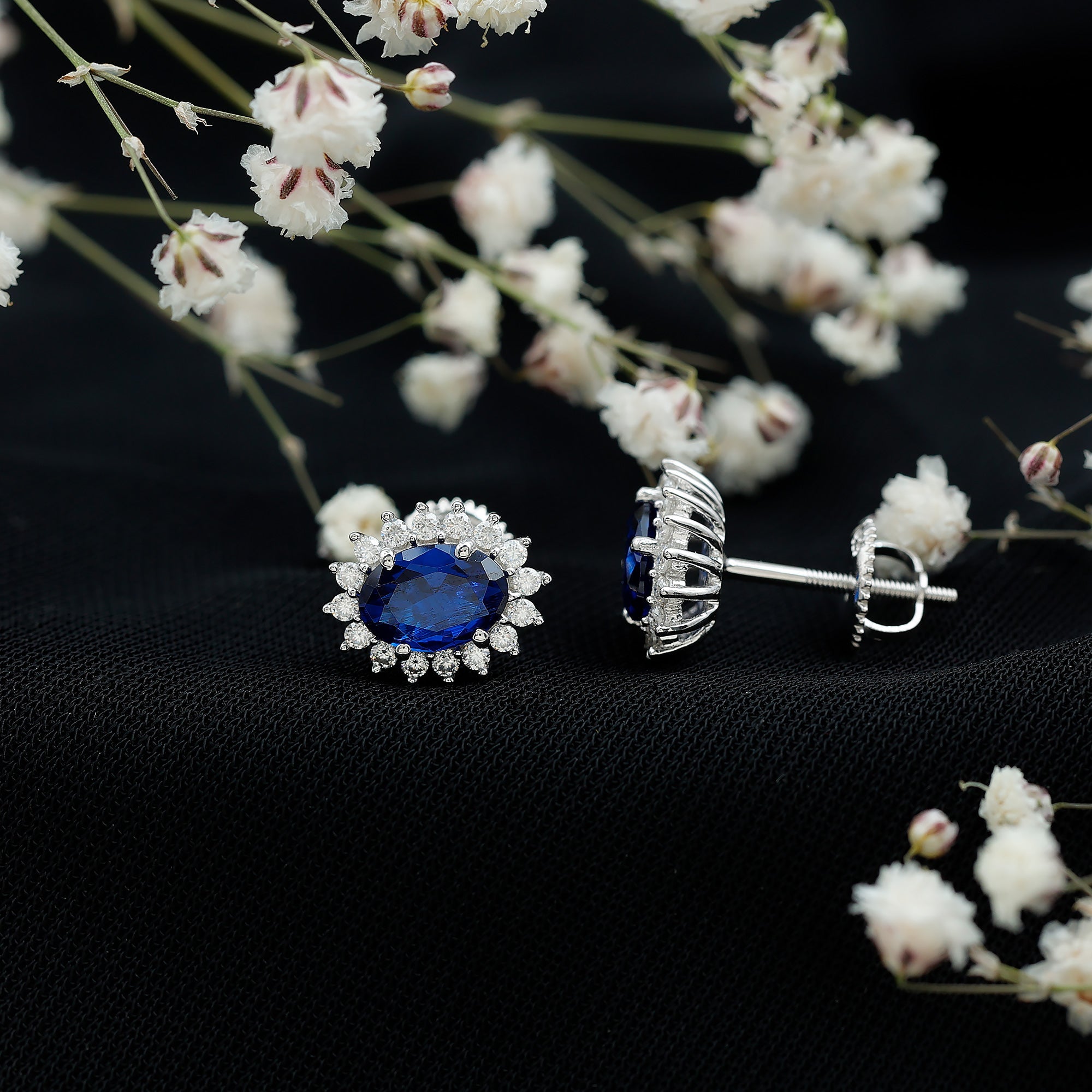 Princess Diana Inspired Created Blue Sapphire Stud Earrings with Moissanite