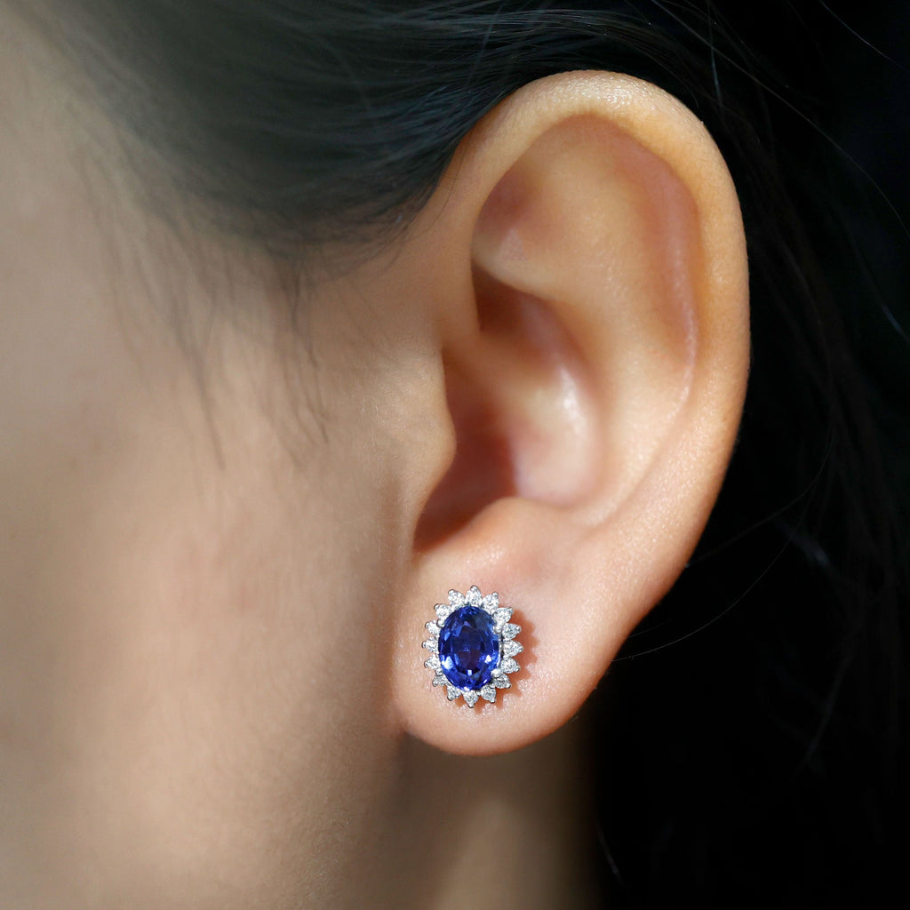 Princess Diana Inspired Created Blue Sapphire Stud Earrings with Moissanite