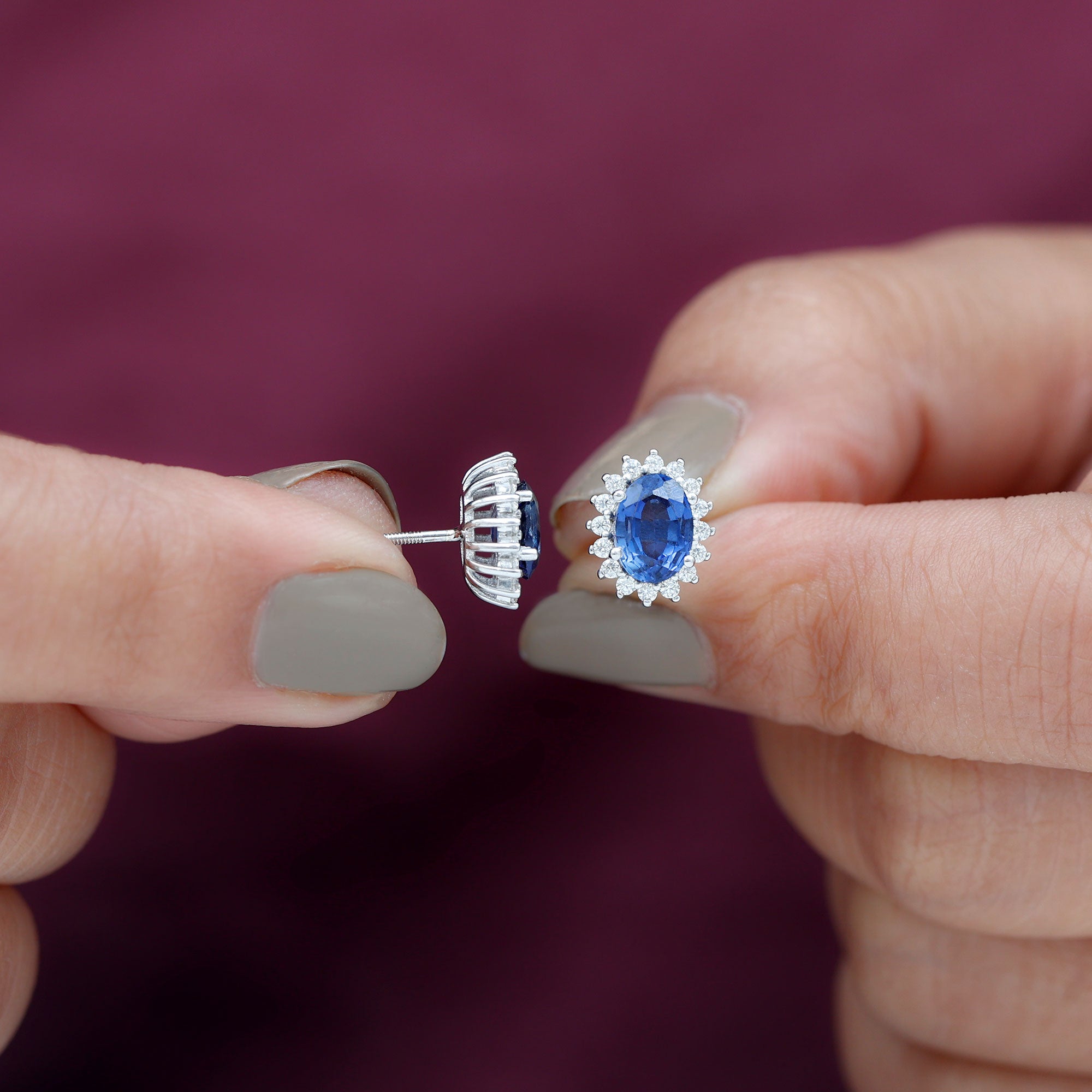 Princess Diana Inspired Created Blue Sapphire Stud Earrings with Moissanite