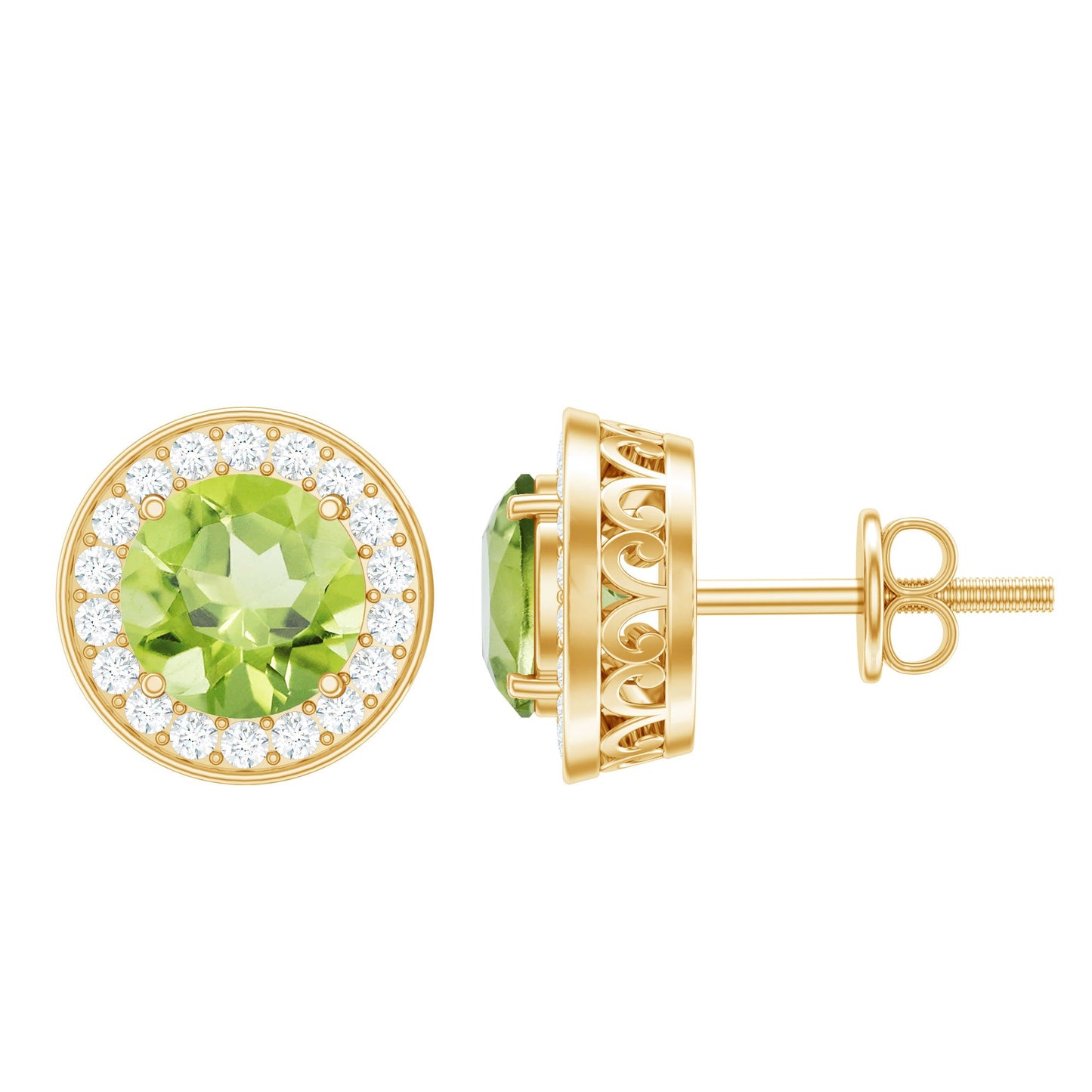 Natural Peridot Stud Earrings with Diamond Halo