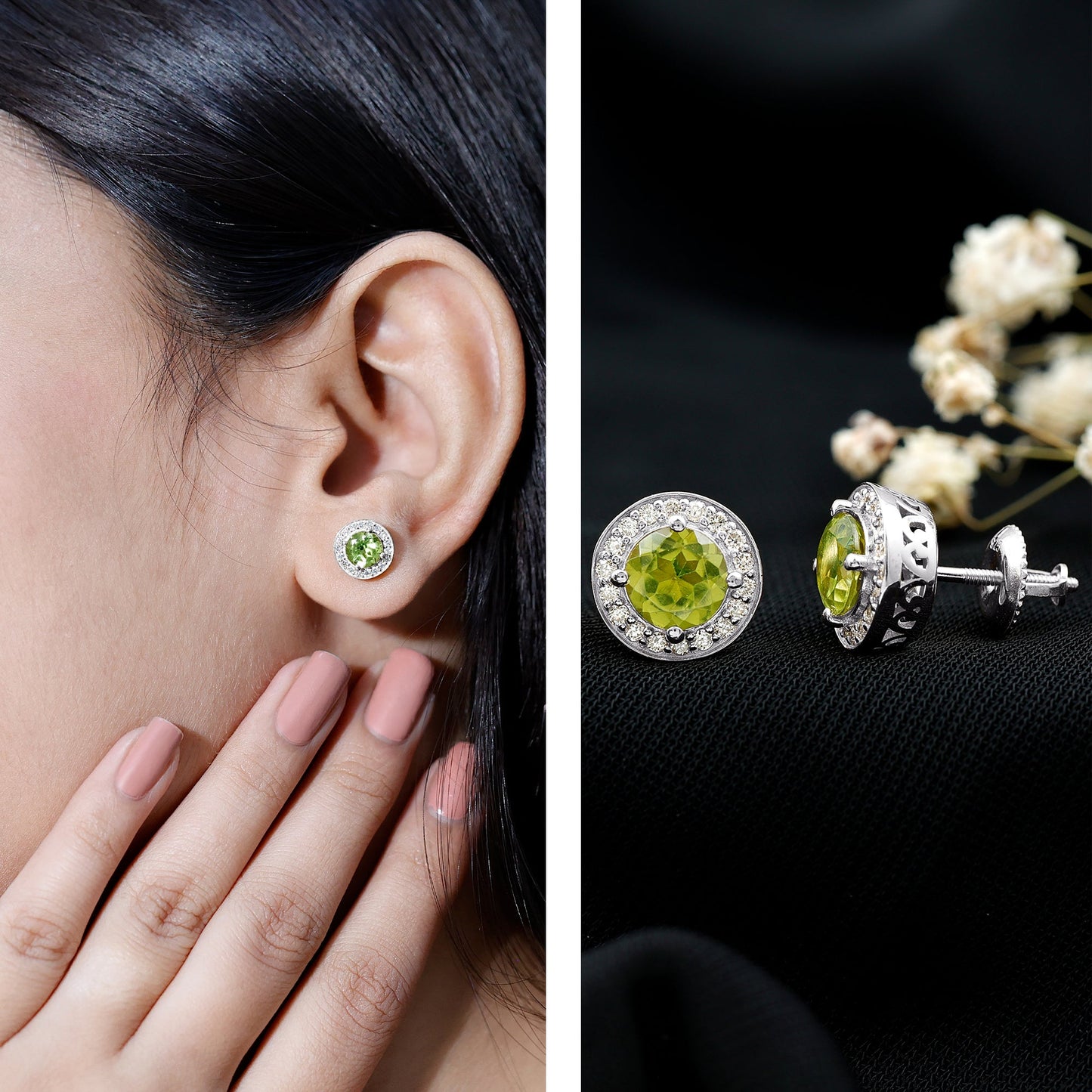 Natural Peridot Stud Earrings with Diamond Halo